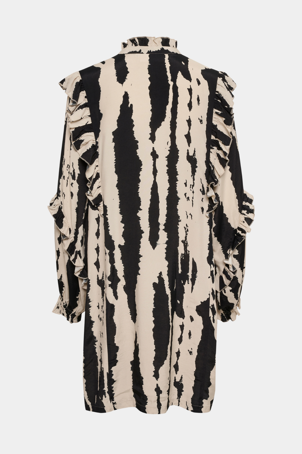 kjole, dress, tunika, overdel, viskose, print, beige, sort, black, snore, snøre, flæse, flæser, zebra, blød, let, løs, løstsiddende, fin, smuk, elegant, klassisk, feminin, pæn, rå, cool, sej, unik, musthave, hverdag, fest