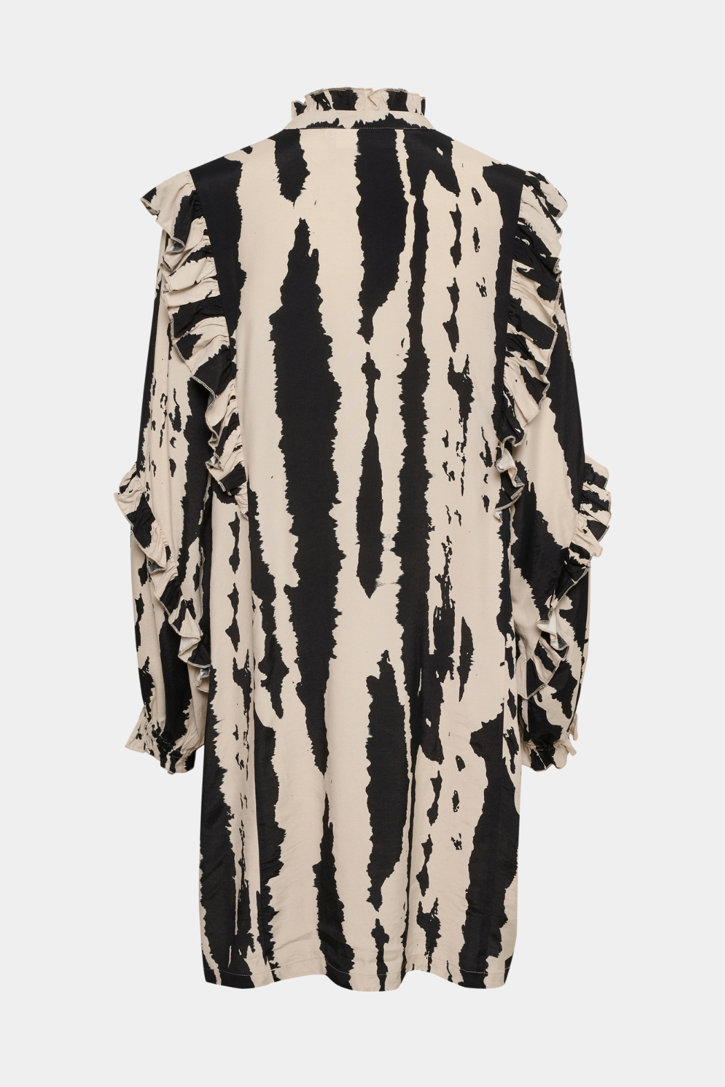 kjole, dress, tunika, overdel, viskose, print, beige, sort, black, snore, snøre, flæse, flæser, zebra, blød, let, løs, løstsiddende, fin, smuk, elegant, klassisk, feminin, pæn, rå, cool, sej, unik, musthave, hverdag, fest