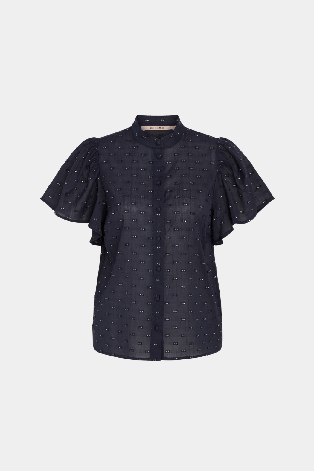 top, bluse, overdel, glimmer, glitter, prikker, prikket, dots, blå, navy, knapper, fin, smuk, elegant, klassisk, feminin,pæn, rå, cool, sej, unik, musthave, hverdag, fest