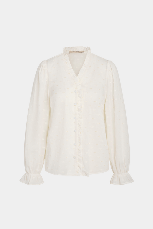 Skjorte, shirt, bluse, overdel, offwhite, råhvid, creme, flæser, knapper, fin, smuk, elegant, klassisk, feminin,pæn, rå,cool, sej, unik, musthave, hverdag, fest