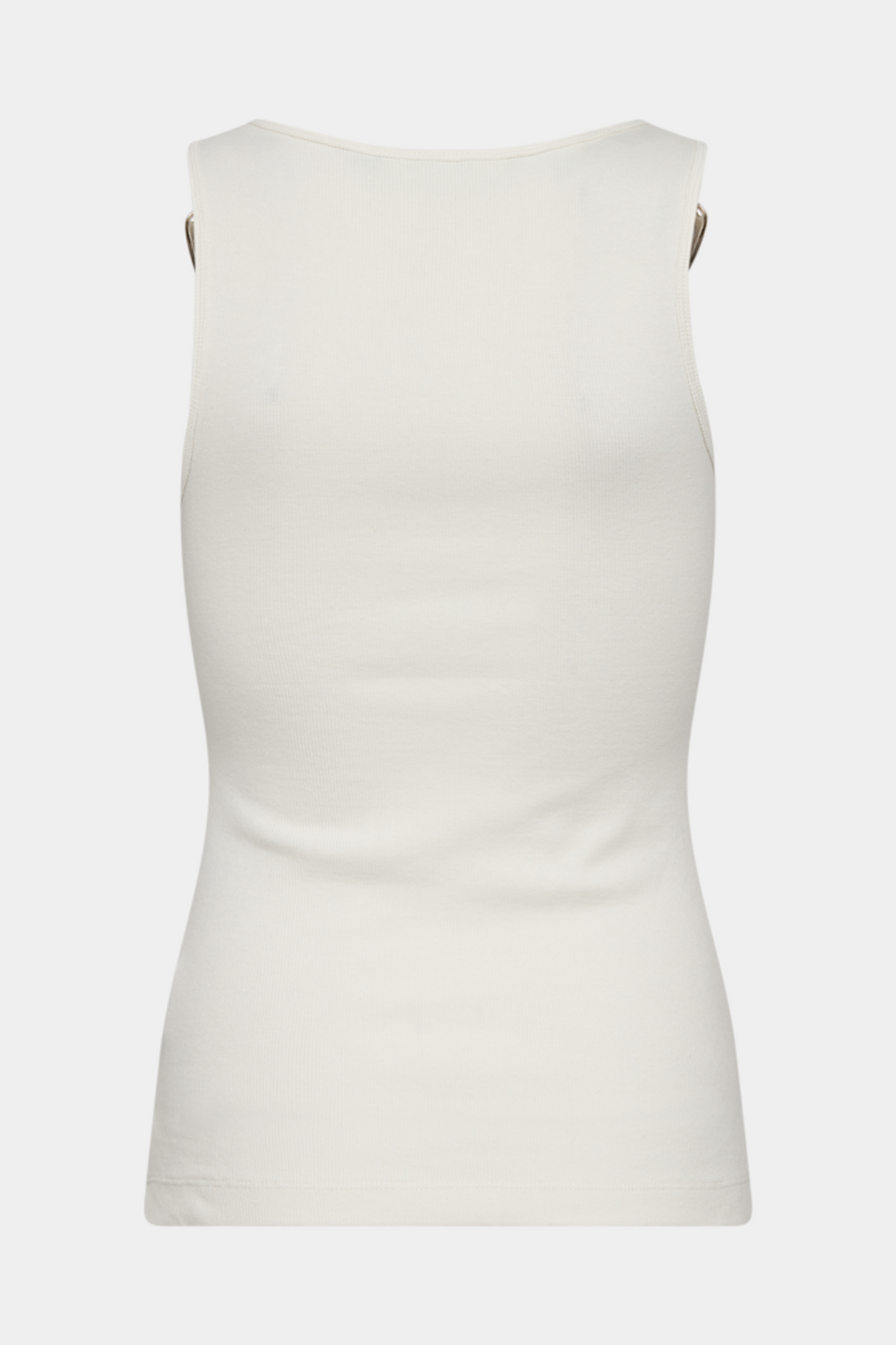 top, tanktop, toppe, rib, ribbet, hvid, råhvid, spænde, spænder, sølv, fin, smuk, elegant, klassisk, feminin, pæn, rå, cool, sej, unik, musthave, hverdag, fest