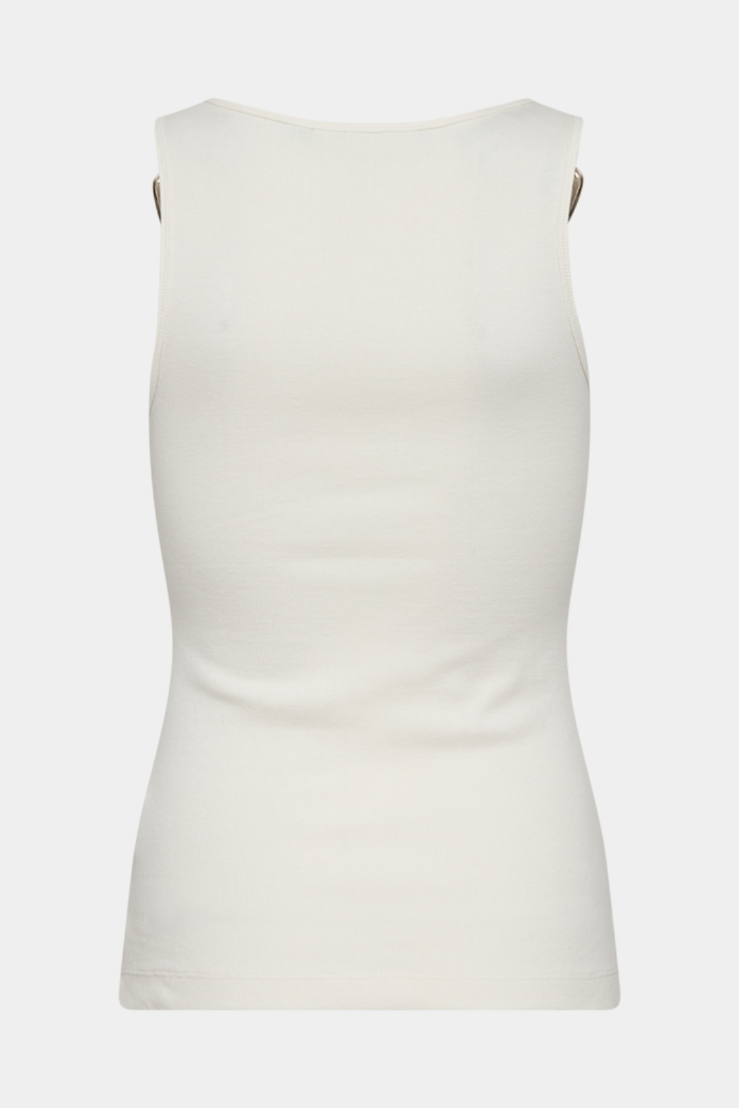 top, tanktop, toppe, rib, ribbet, hvid, råhvid, spænde, spænder, sølv, fin, smuk, elegant, klassisk, feminin, pæn, rå, cool, sej, unik, musthave, hverdag, fest