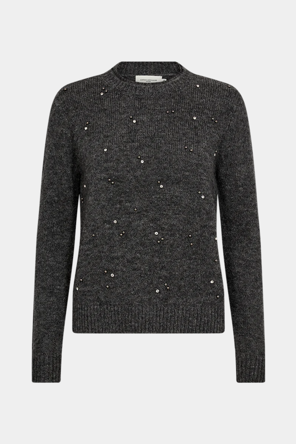 trøje, strik, pullover, grå, grey, melange, sten, similisten, glimmer, glitter, diamanter, fin, smuk, elegant, klassisk, feminin, pæn, rå, cool, sej, unik, musthave, hverdag, fest