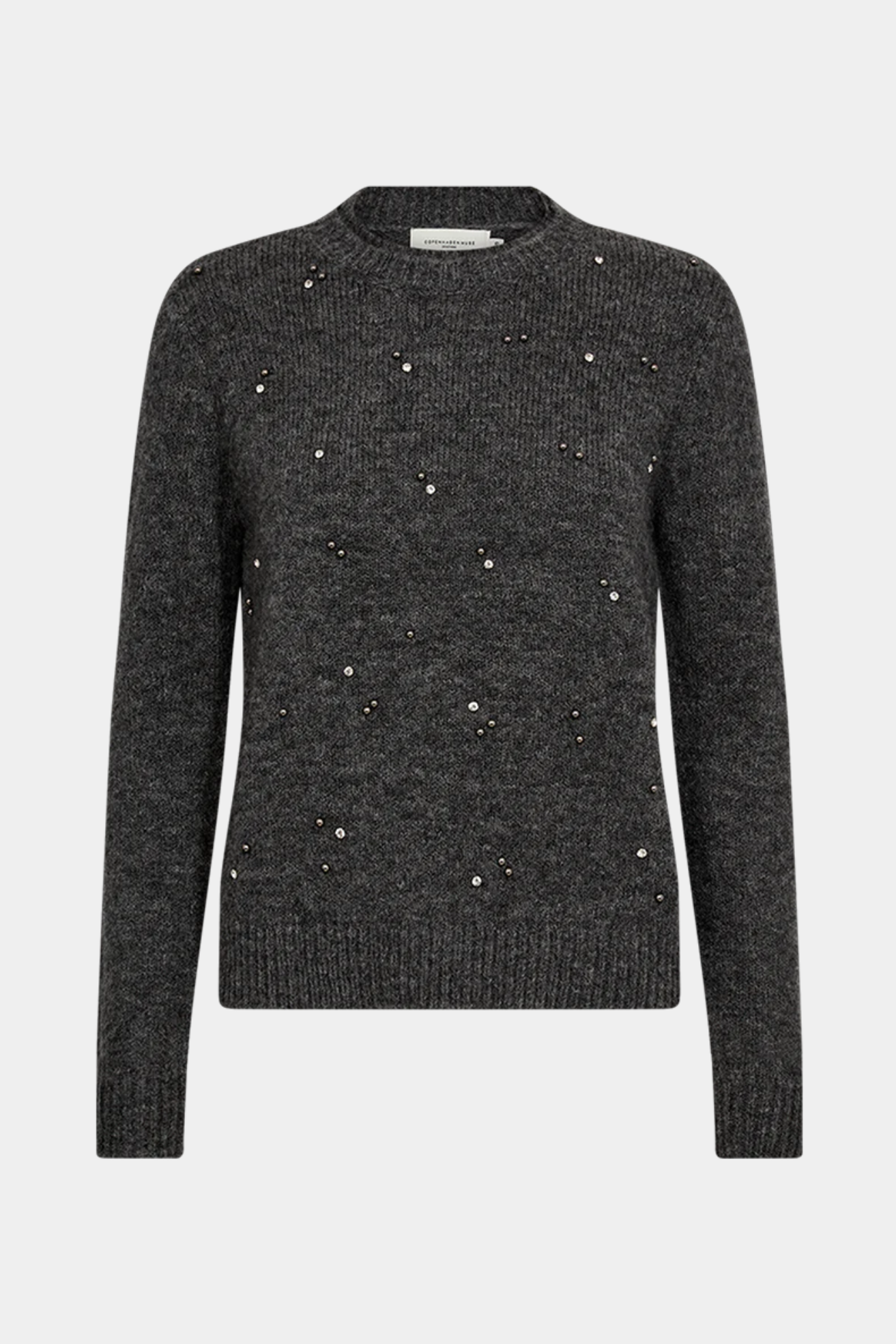 trøje, strik, pullover, grå, grey, melange, sten, similisten, glimmer, glitter, diamanter, fin, smuk, elegant, klassisk, feminin, pæn, rå, cool, sej, unik, musthave, hverdag, fest