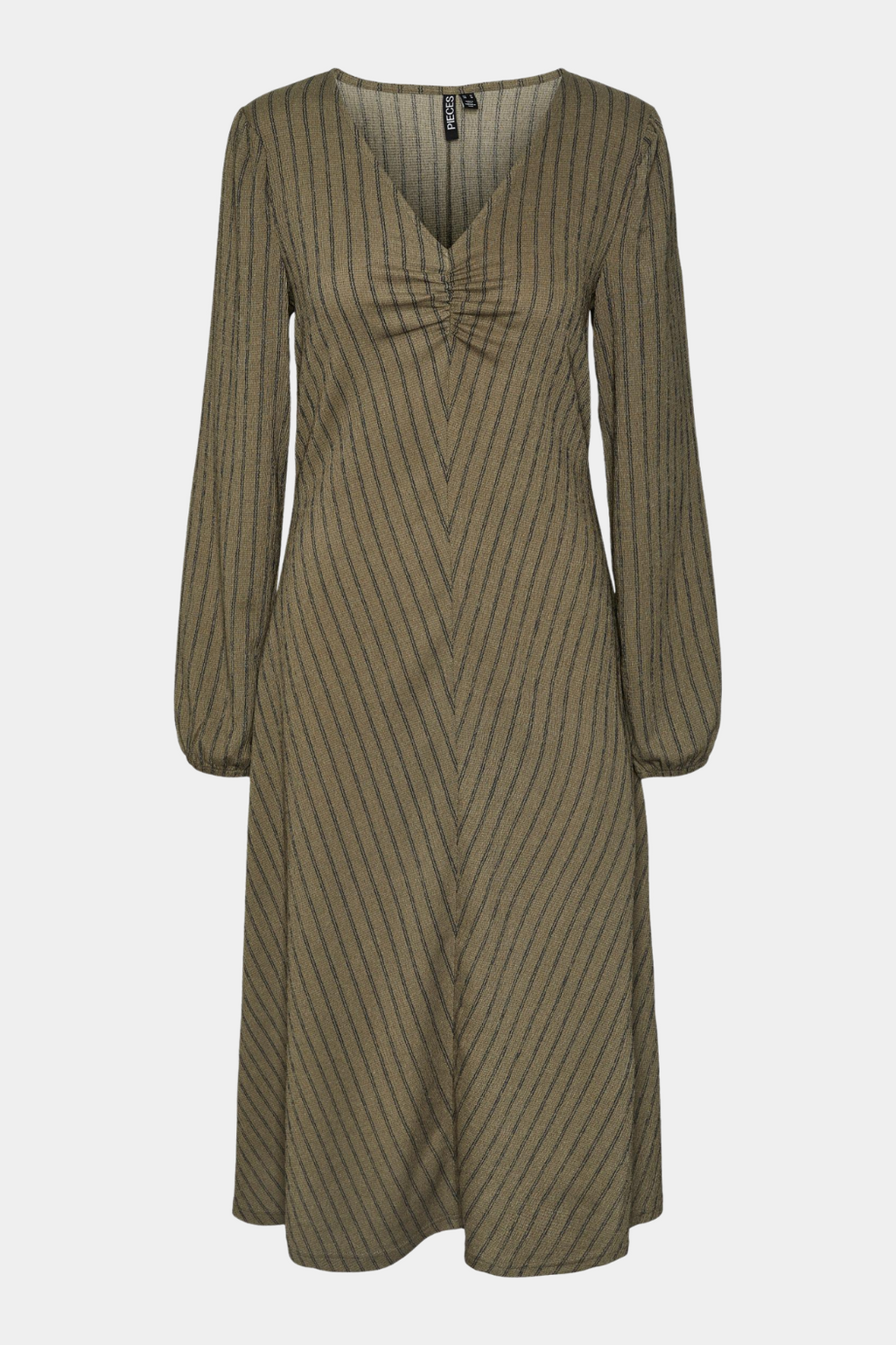 kjole, dress, midi, maxi, grøn, green, olive, oliven, army, striber, stribet, stripe, a-shape, langærmet, rynke, løs, loose, faconsyet, figursyet, stretchy, let, elegant, fin, feminin, hverdag, fest, struktur, kvinde, dame, woman