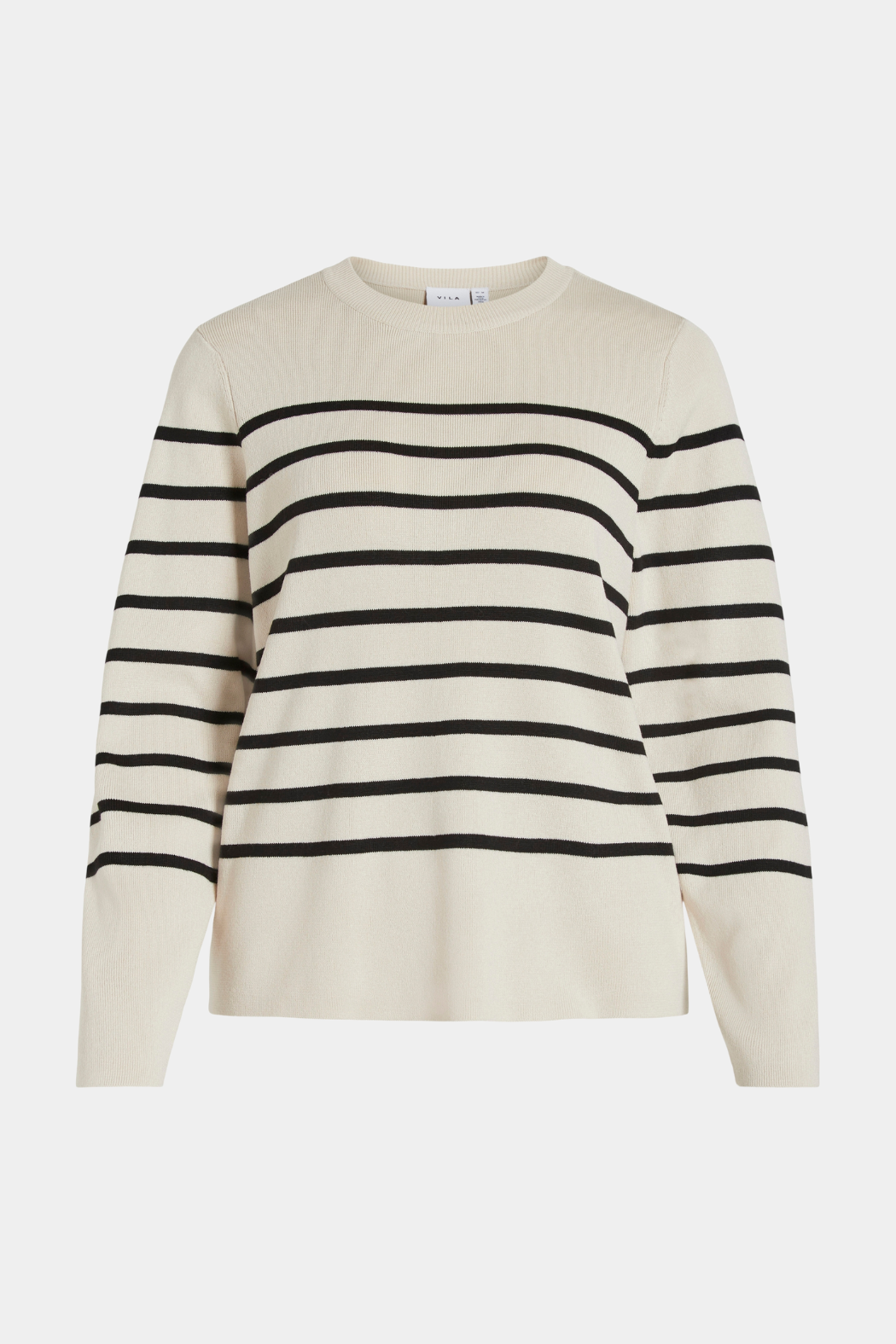 strik, knit, bluse, pullover, striber, stribet, råhvid, hvid, creme, sort, rundhals, slids, slidser, blød, varm, viskose, løs, løstsiddende, comfy, behagelig, fin, smuk, elegant, klassisk, feminin, pæn, rå, cool, sej, unik, musthave, hverdag, fest