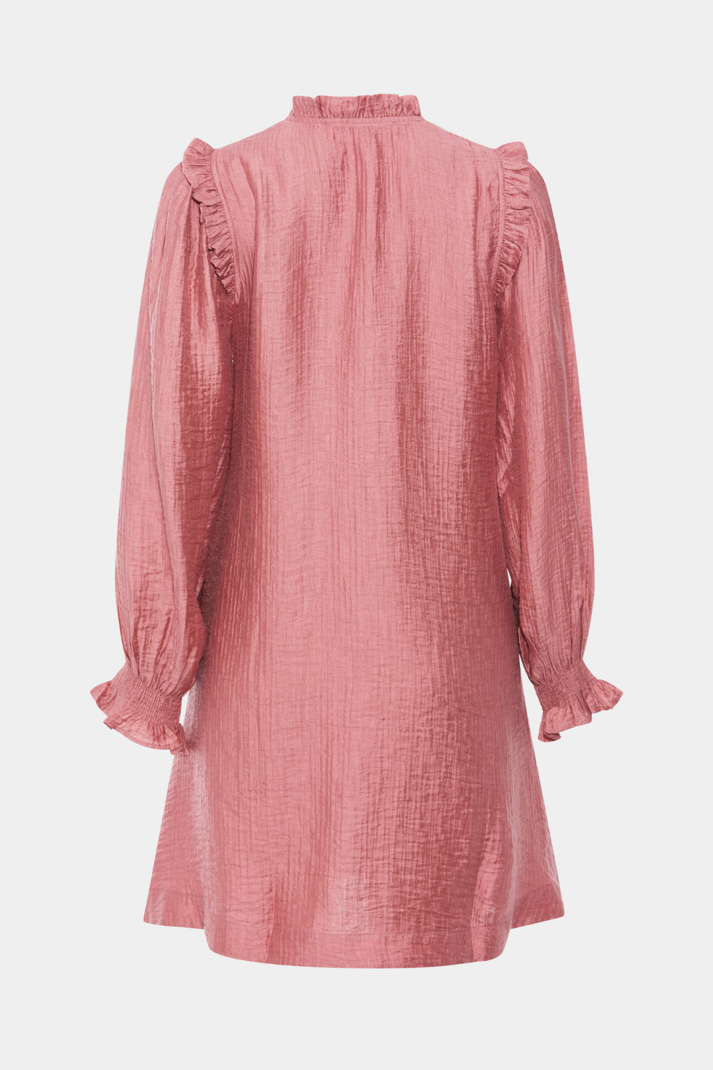 kjole, dress, kort, short, midi, rosa, lyserød, flæse, flæser, shiny, skinnende, crepe, smok, vudskæring, fin, smuk, elegant, klassisk, feminin, pæn, rå, cool, sej, unik, musthave, hverdag, fest