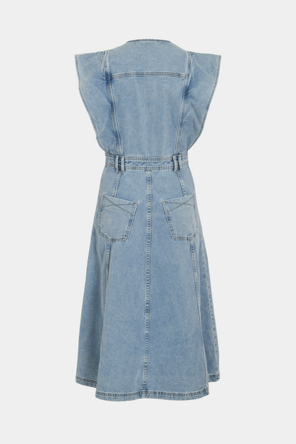 kjole, dress, midi, mellemlang, lys, denim, cowboy, denimkjole, cowboykjole, flæser, bæltestropper, knapper, fin, smuk, elegant, klassisk, feminin, pæn, rå, cool, sej, unik, musthave, hverdag, fest