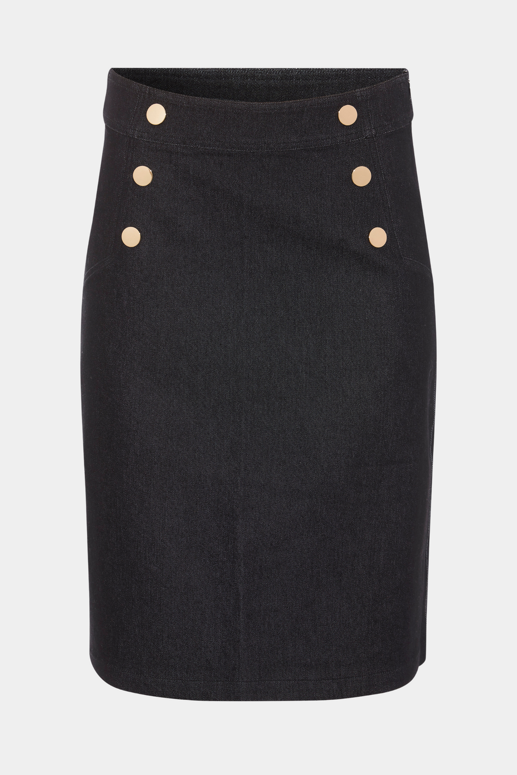 nederdel, skirt, denim, sort, melange, knapper, guld, guldknapper, tætsiddende, stram, fitted, lynlås, midi, mellem, knæ, knælang, nyhed, trendy, fin, smuk, elegant, klassisk, feminin, pæn, rå, cool, sej, unik, musthave, hverdag, fest