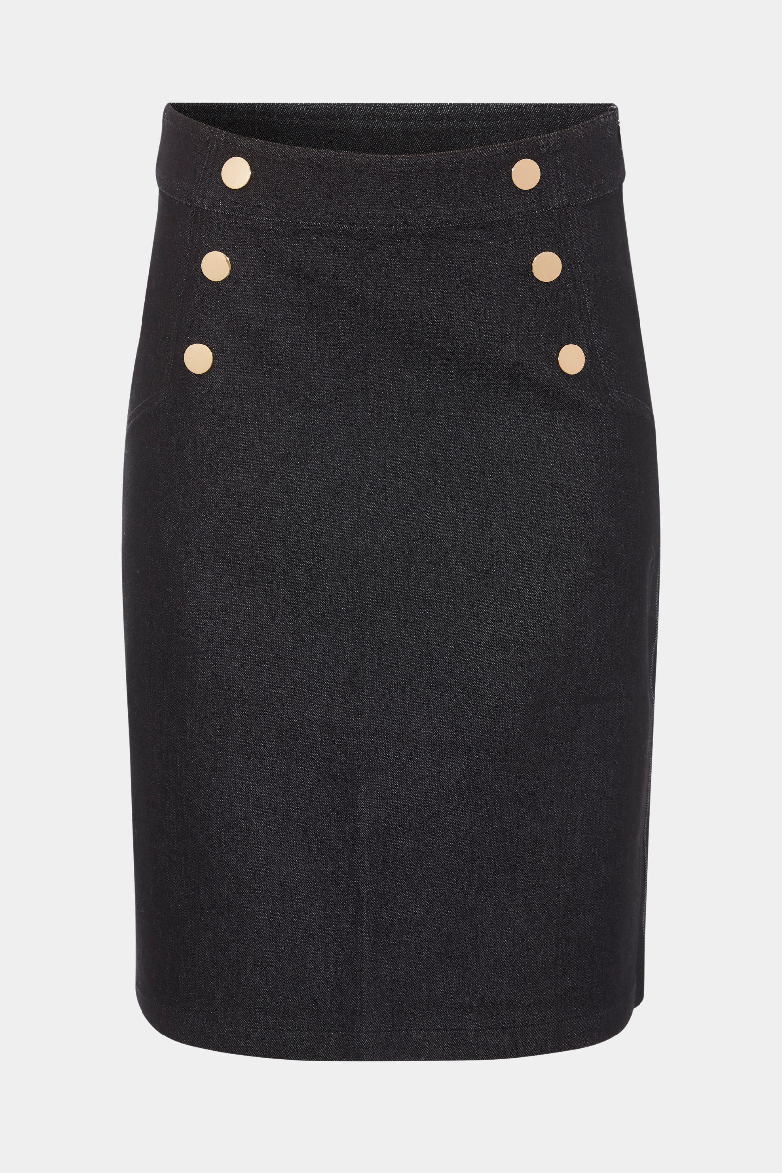 nederdel, skirt, denim, sort, melange, knapper, guld, guldknapper, tætsiddende, stram, fitted, lynlås, midi, mellem, knæ, knælang, nyhed, trendy, fin, smuk, elegant, klassisk, feminin, pæn, rå, cool, sej, unik, musthave, hverdag, fest