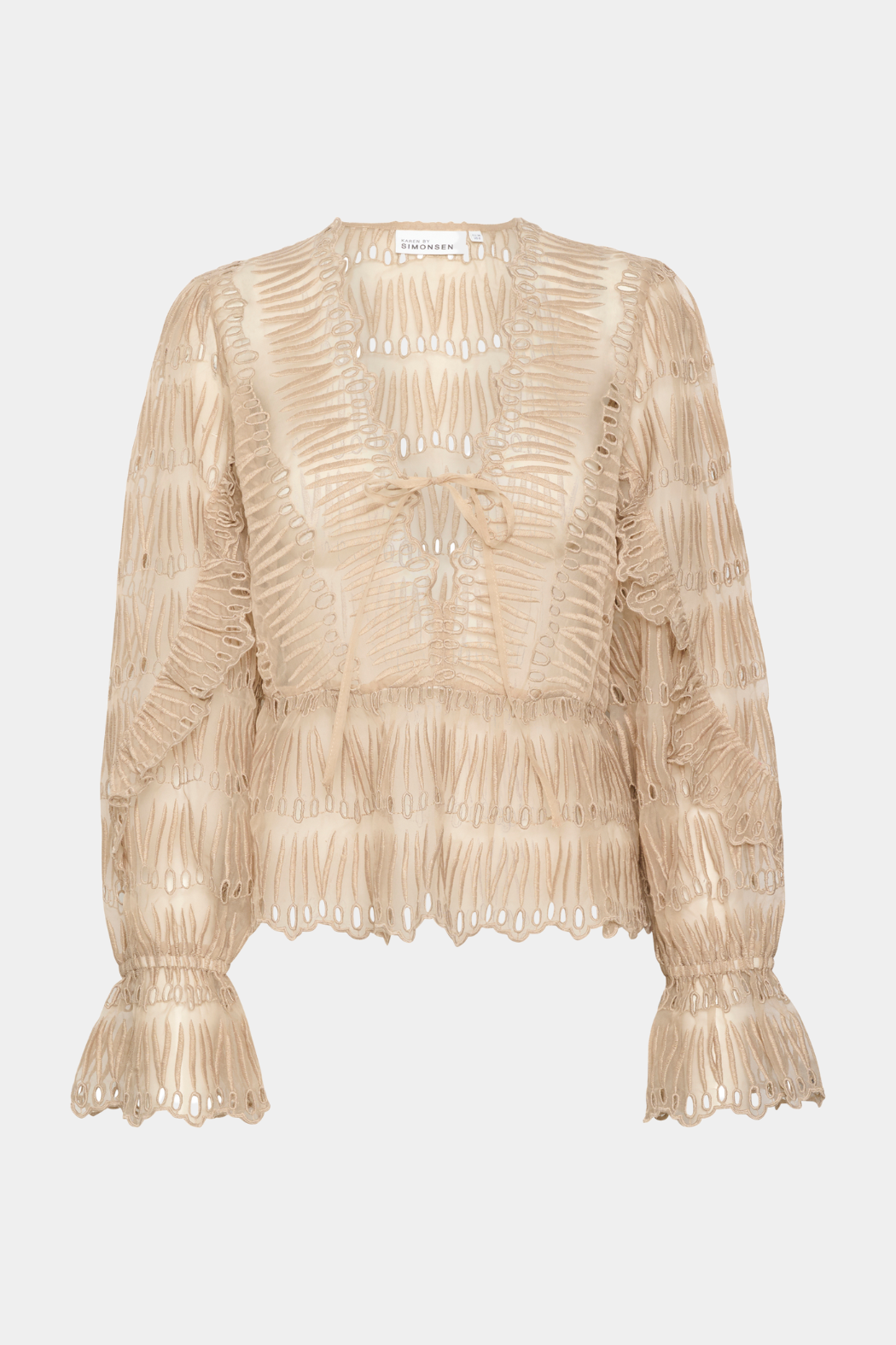 bluse, skjorte, shirt, blonde, blonder, lace, beige, creme, råhvid, bindebånd, bånd, flæser, hulmønster, huller, hul, fin, smuk, elegant, klassisk, feminin, pæn, rå, cool, sej, unik, musthave, hverdag, fest