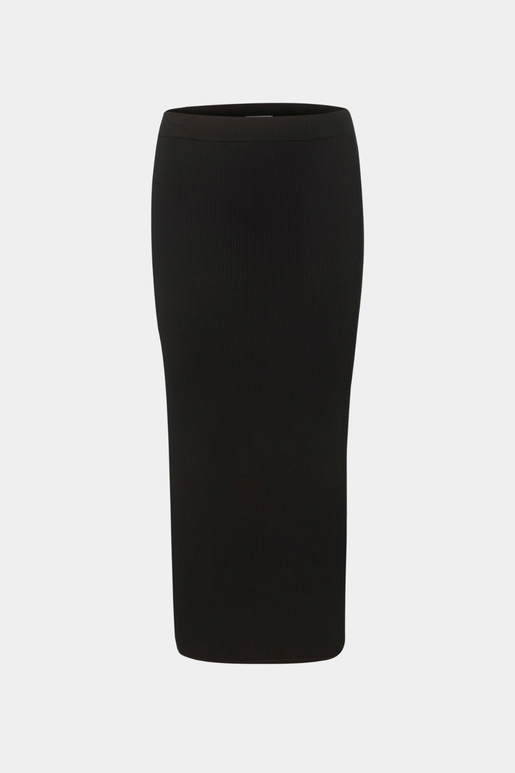 nederdel, skirt, midi, strik, knit, rib, ribbet, sort, black, slids, slit, elegant, fin, feminin, hverdag, fest, kvinde, dame, woman, staple
