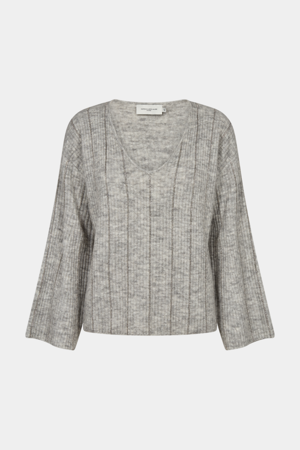 strik, knit, bluse, trøje, pullover, alpaca, uld, sten, similisten, glimmer, glitter, striber, vudskæring, vhals, grå, lysegrå, gråmelange, melange, varm, blød, hyggelig, fin, smuk, elegant, klassisk, feminin, pæn, rå, cool, sej, unik, musthave, hverdag, fest