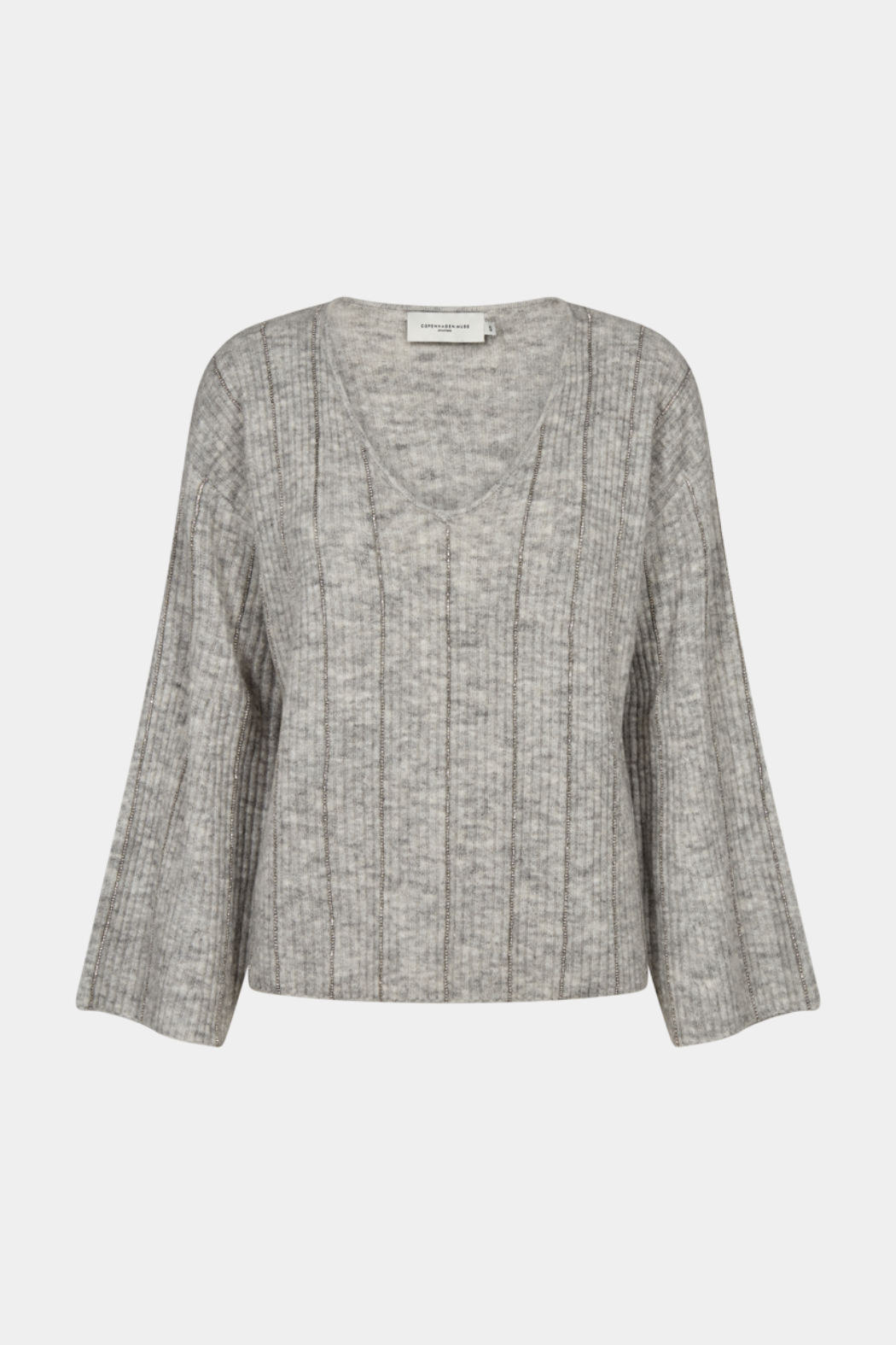 strik, knit, bluse, trøje, pullover, alpaca, uld, sten, similisten, glimmer, glitter, striber, vudskæring, vhals, grå, lysegrå, gråmelange, melange, varm, blød, hyggelig, fin, smuk, elegant, klassisk, feminin, pæn, rå, cool, sej, unik, musthave, hverdag, fest