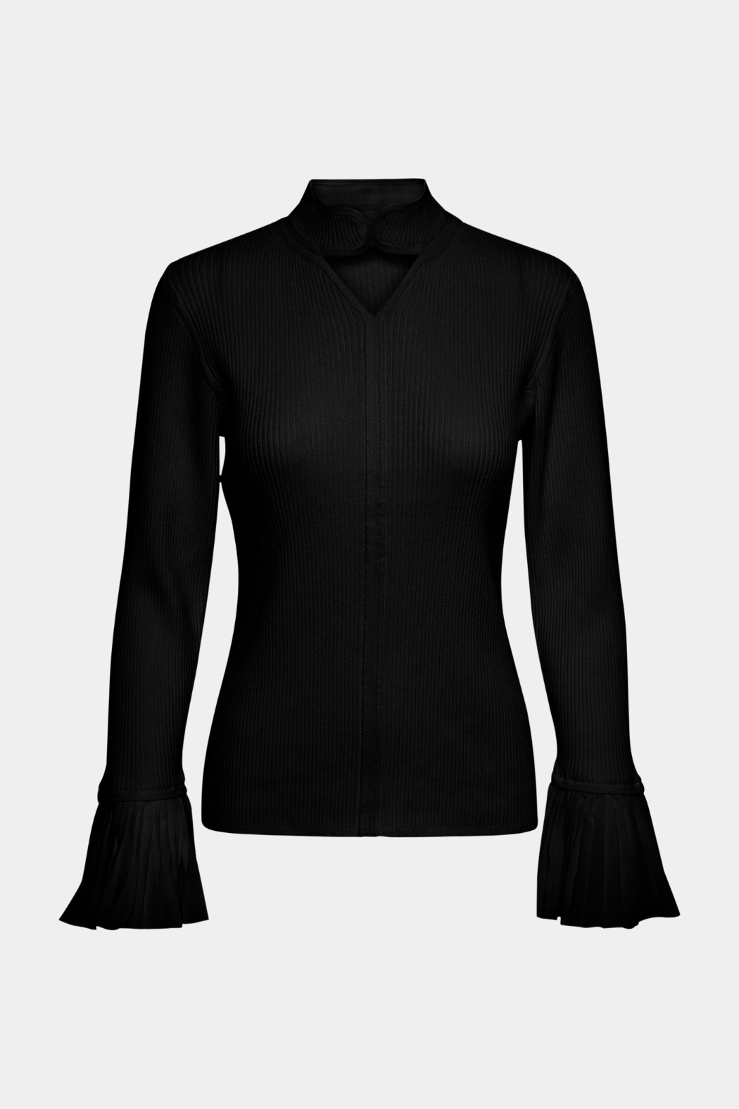 bluse, overdel, rib, ribbet, strik, strikket, plisseret, plissering, højhals, hul, riller, rillet, sort, mørk, flæse, flæser, fin, smuk, elegant, klassisk, feminin, pæn, rå, cool, sej, unik, musthave, hverdag, fest