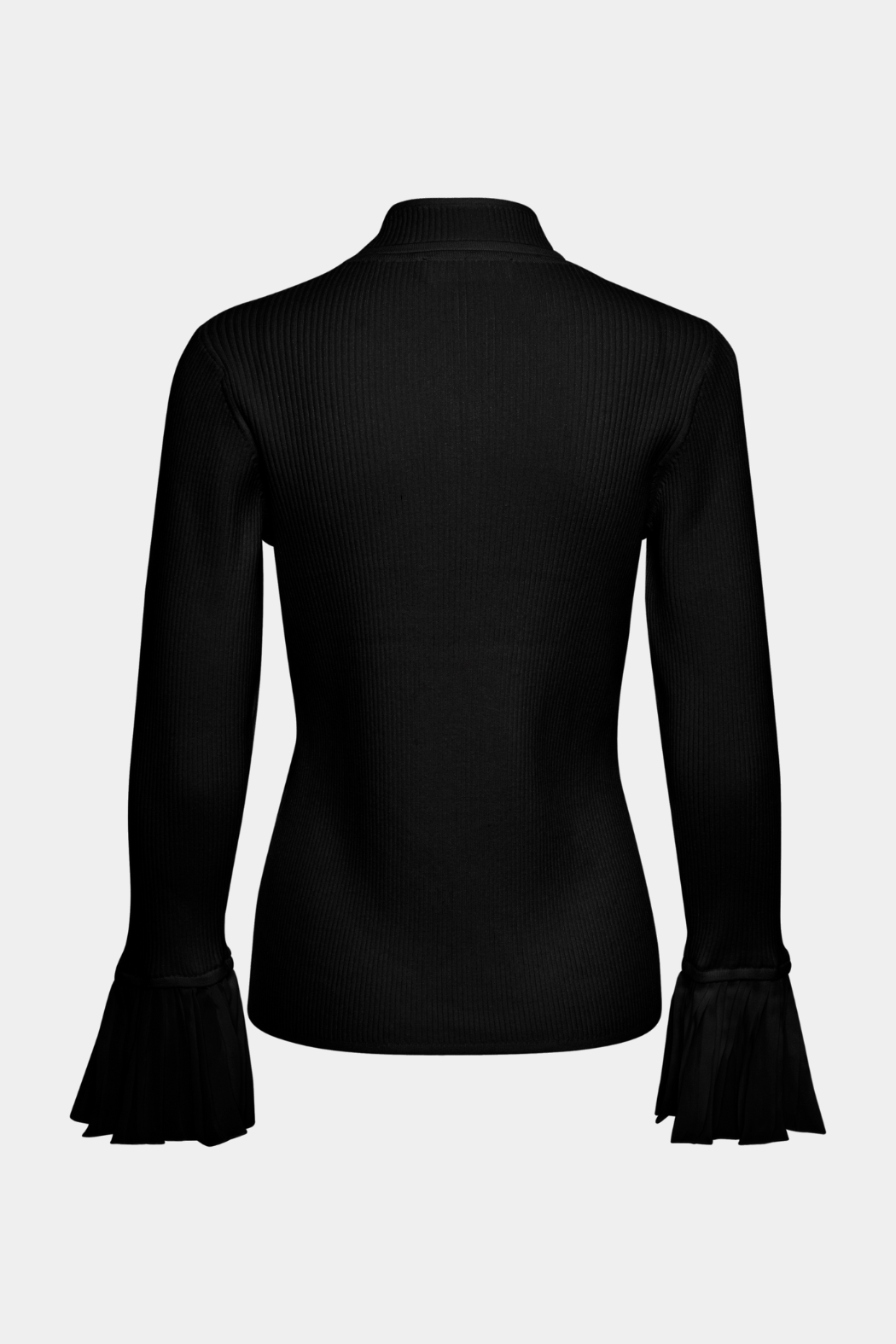 bluse, overdel, rib, ribbet, strik, strikket, plisseret, plissering, højhals, hul, riller, rillet, sort, mørk, flæse, flæser, fin, smuk, elegant, klassisk, feminin, pæn, rå, cool, sej, unik, musthave, hverdag, fest