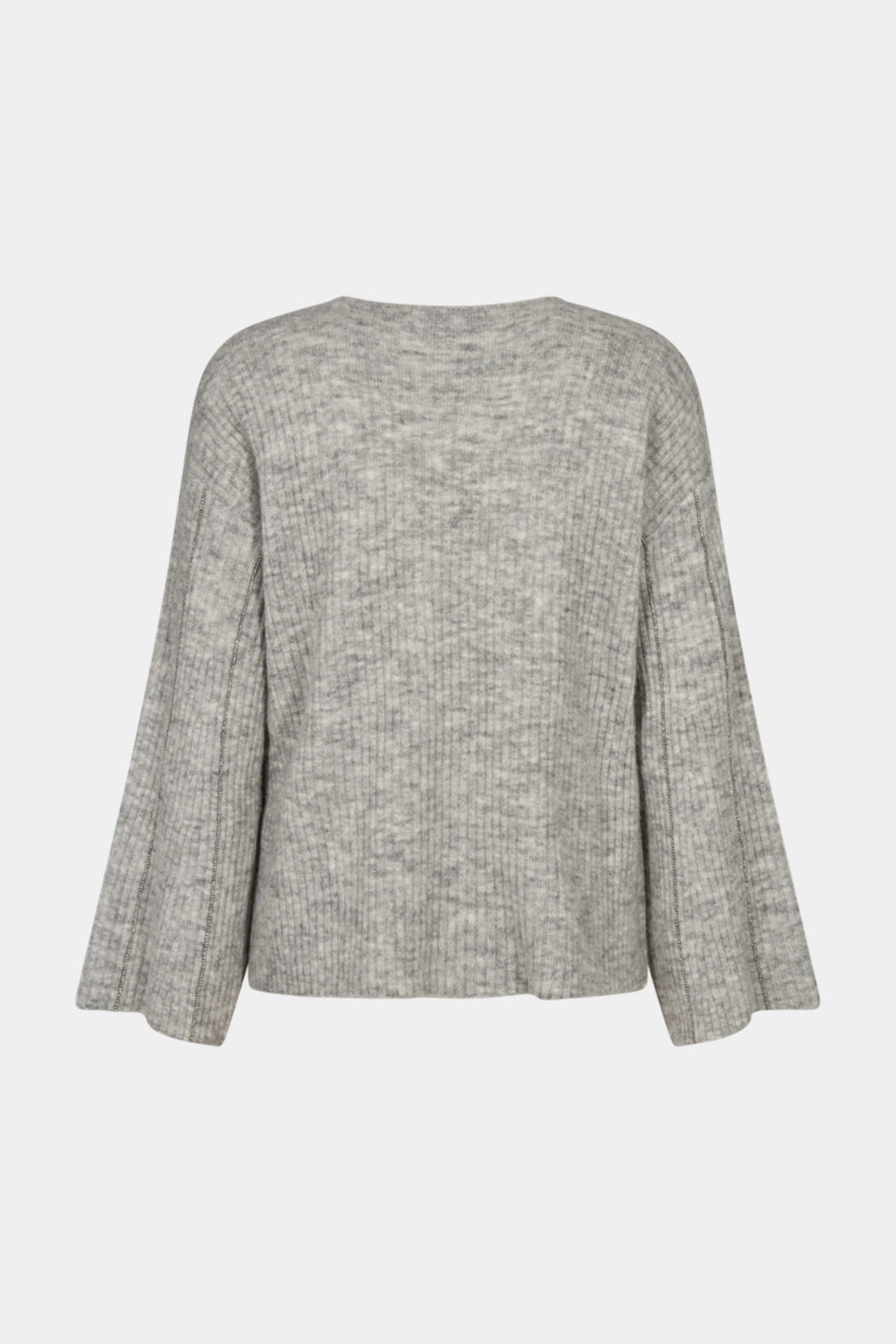 strik, knit, bluse, trøje, pullover, alpaca, uld, sten, similisten, glimmer, glitter, striber, vudskæring, vhals, grå, lysegrå, gråmelange, melange, varm, blød, hyggelig, fin, smuk, elegant, klassisk, feminin, pæn, rå, cool, sej, unik, musthave, hverdag, fest