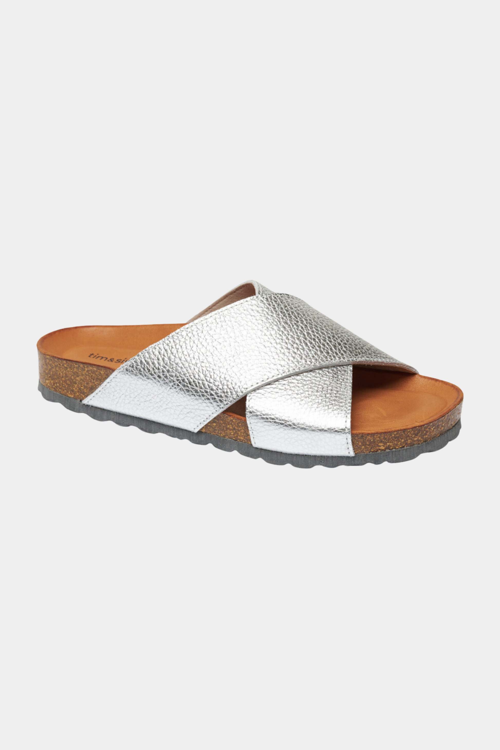 sandal, kryds, cross, læder, leather, skind, sølv, silver, kork, cork, memoryskum, blød, soft, komfortabel, ergonomisk, blød, soft, hverdag, sommer, kvinde, dame, woman