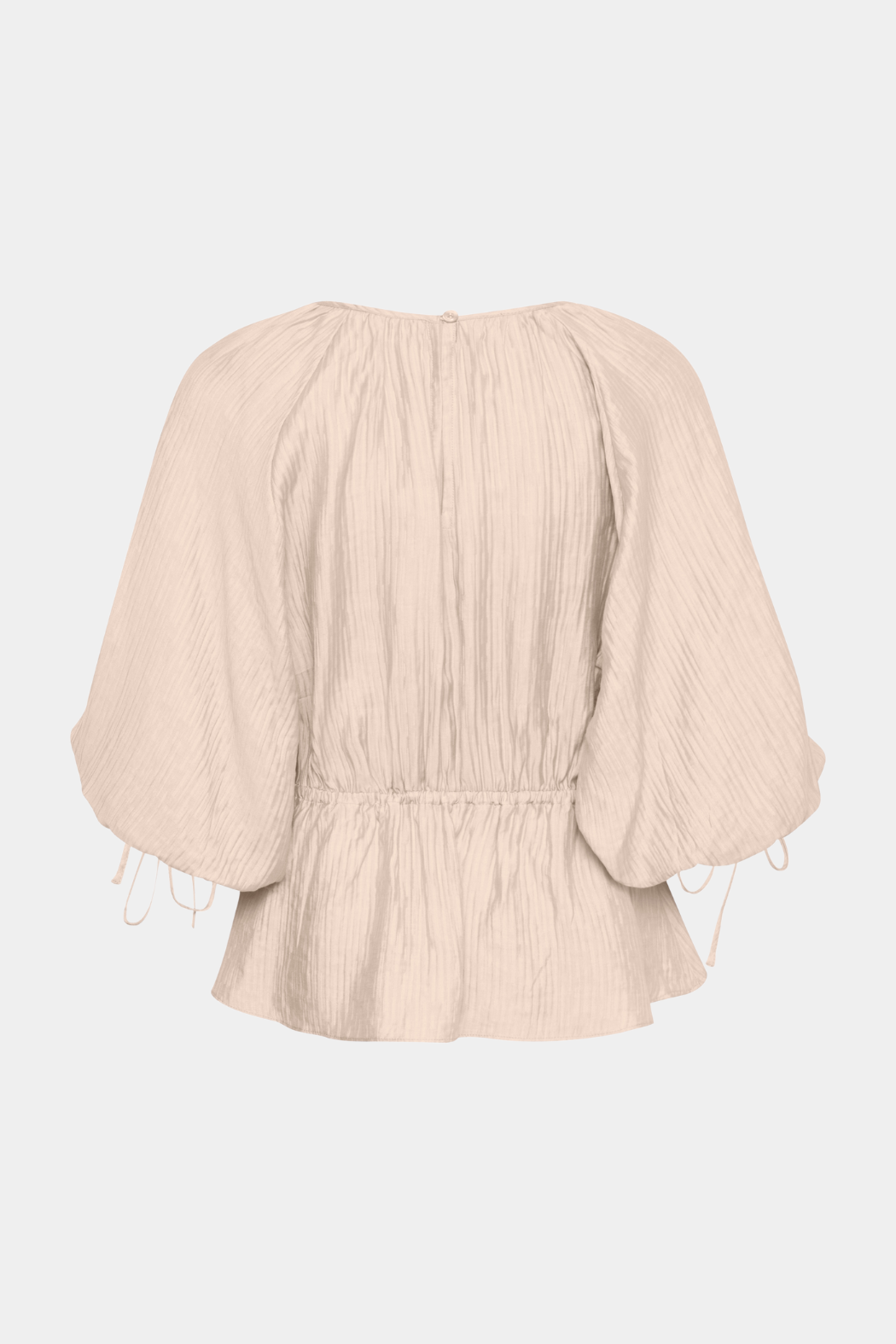 bluse, tee, t-shirt, overdel, skjorte, beige, creme, rundhals, snore, snører, bindebånd, sløjfer, rynk, rynker, elastik, taljeret, fin, smuk, elegant, klassisk, feminin, pæn, rå, cool, sej, unik, musthave, hverdag, fest