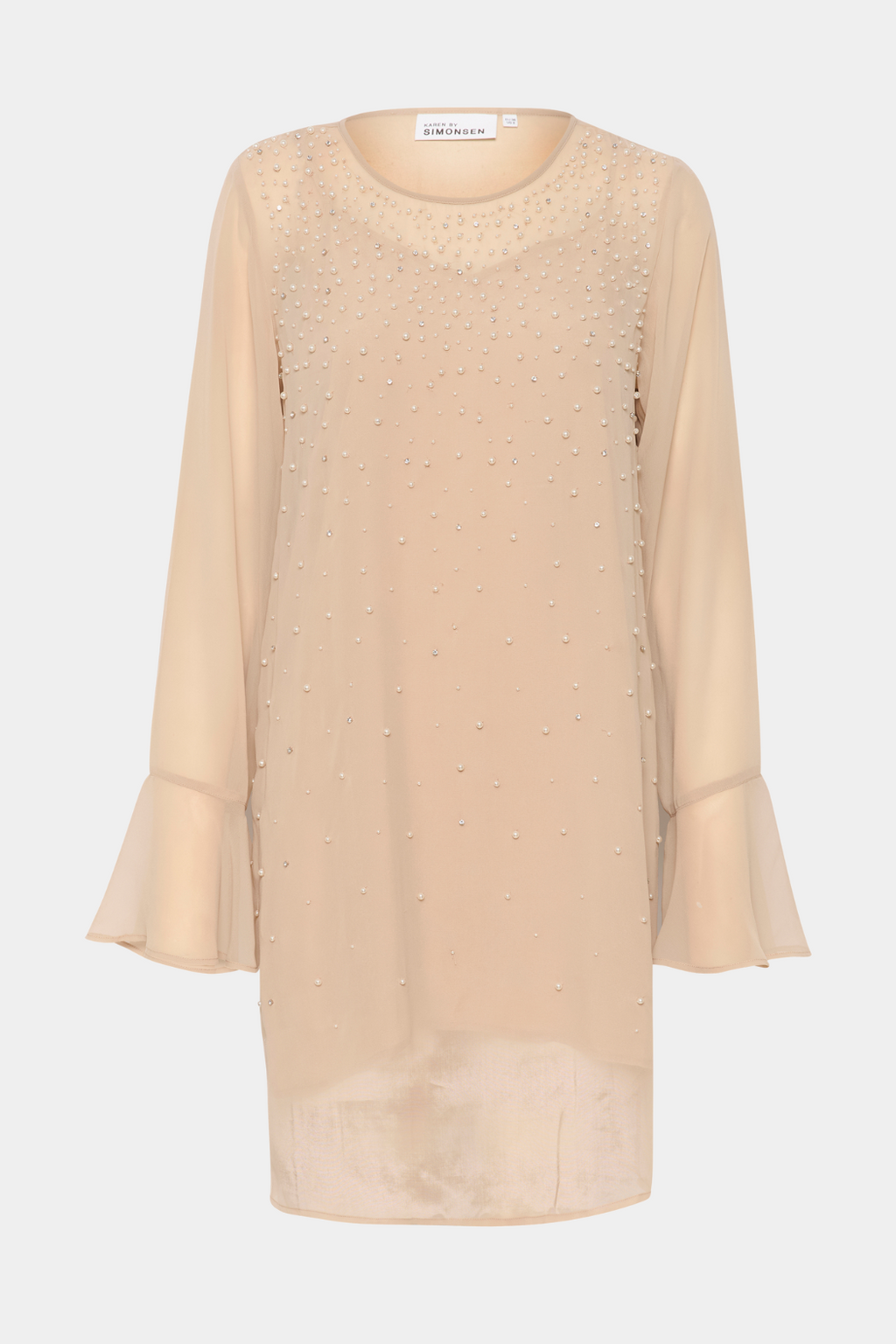 kjole, dress, knælang, nude, hudfarvet, langærmet, flæse, flæser, perler, pearls, sten, simili, underkjole, let, løs, elegant, fin, feminin, sommerkjole, hverdag, fest, festkjole, kvinde, dame, woman