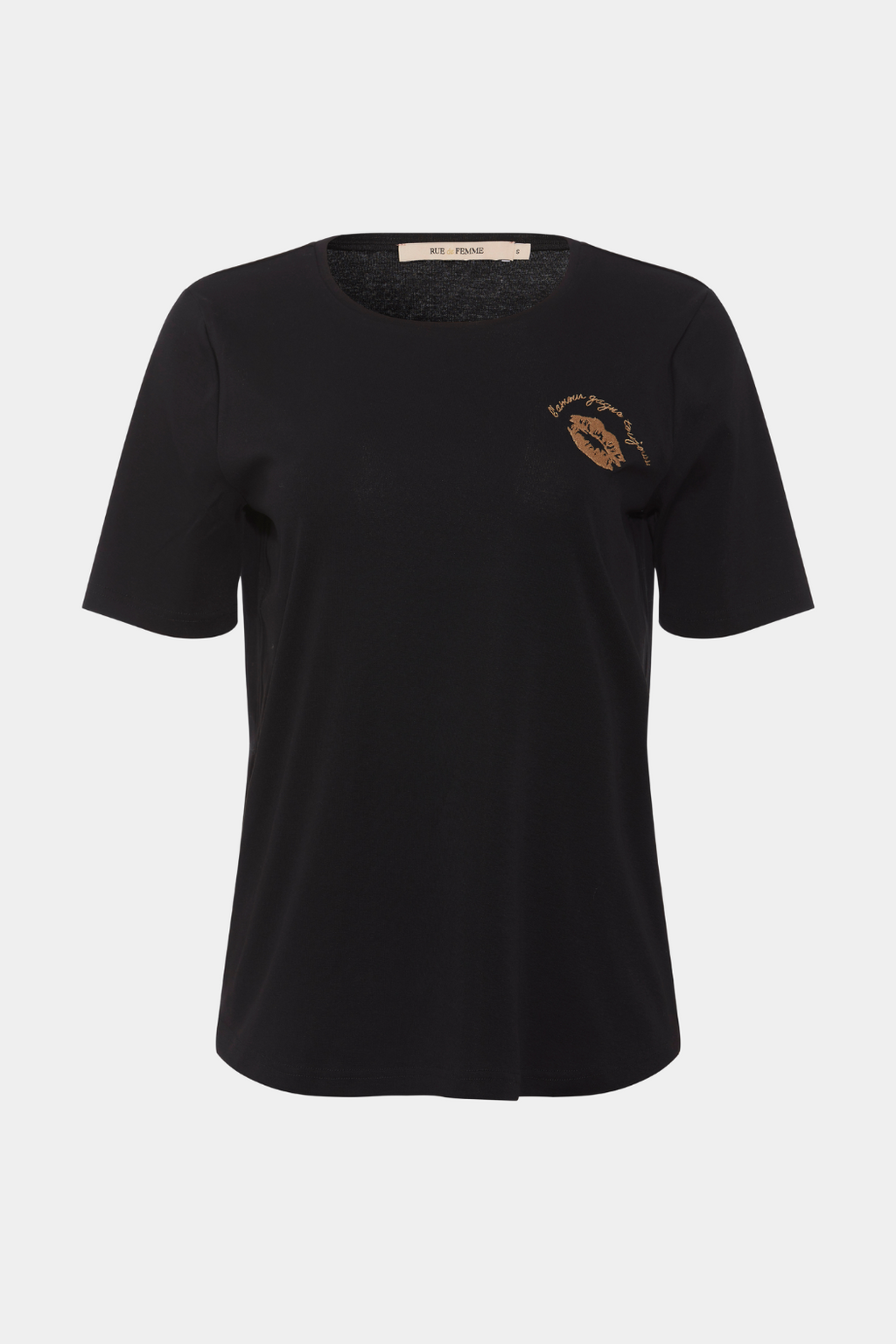 tee, tshirt, overdel, bluse, trøje, sort, black, tryk, print, kys, kysmund, læbe, læber, melange, kortærmet, let, luftig, fin, smuk, elegant, klassisk, feminin, pæn, rå, cool, sej, unik, musthave, hverdag, fest