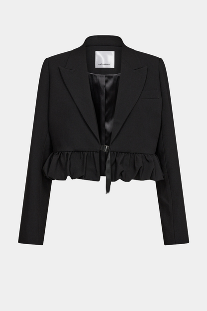 blazer, jakke, blazerjakke, kort, croped, talje, flæse, flæser, bindebånd, sort, black, revers, fin, smuk, elegant, klassisk, feminin, pæn, rå, cool, sej, unik, musthave, hverdag, fest