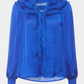 bluse, shirt, blouse, skjortebluse, skjorte, blue, blå, koboltblå, langærmet, smock, flæse, flæser, satin, løs, loose, elegant, kvinde, dame, woman, fest, business
