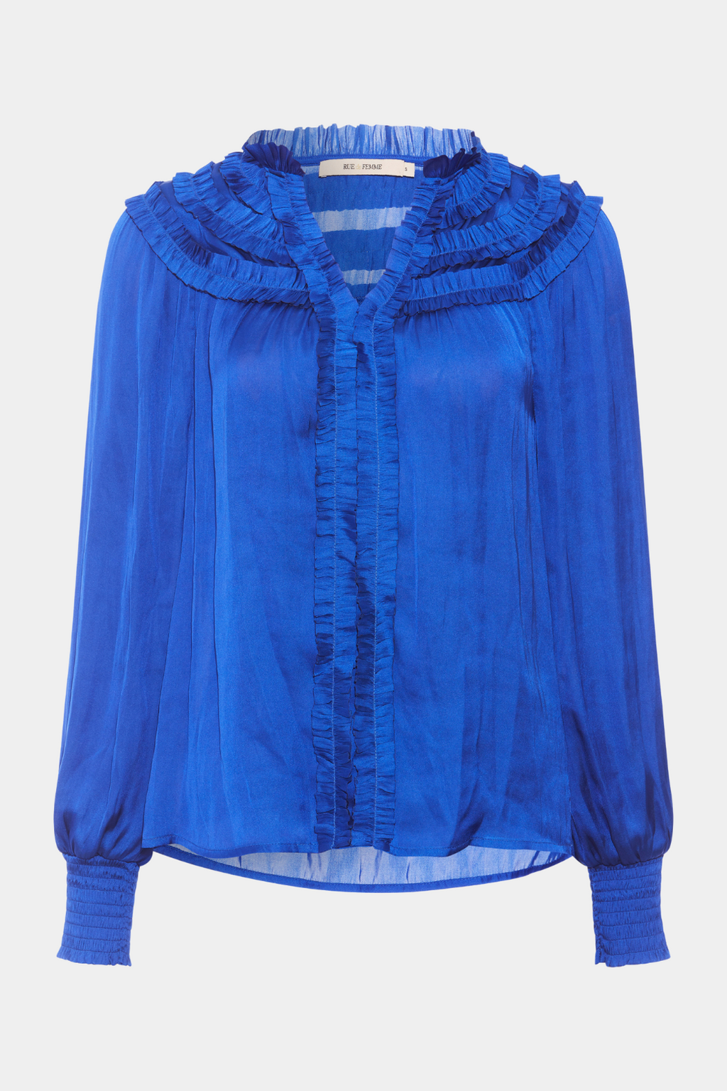 bluse, shirt, blouse, skjortebluse, skjorte, blue, blå, koboltblå, langærmet, smock, flæse, flæser, satin, løs, loose, elegant, kvinde, dame, woman, fest, business