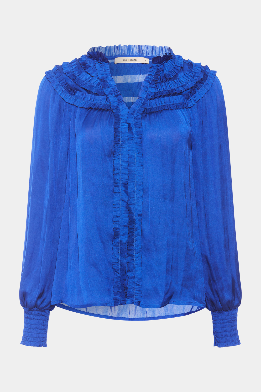 bluse, shirt, blouse, skjortebluse, skjorte, blue, blå, koboltblå, langærmet, smock, flæse, flæser, satin, løs, loose, elegant, kvinde, dame, woman, fest, business