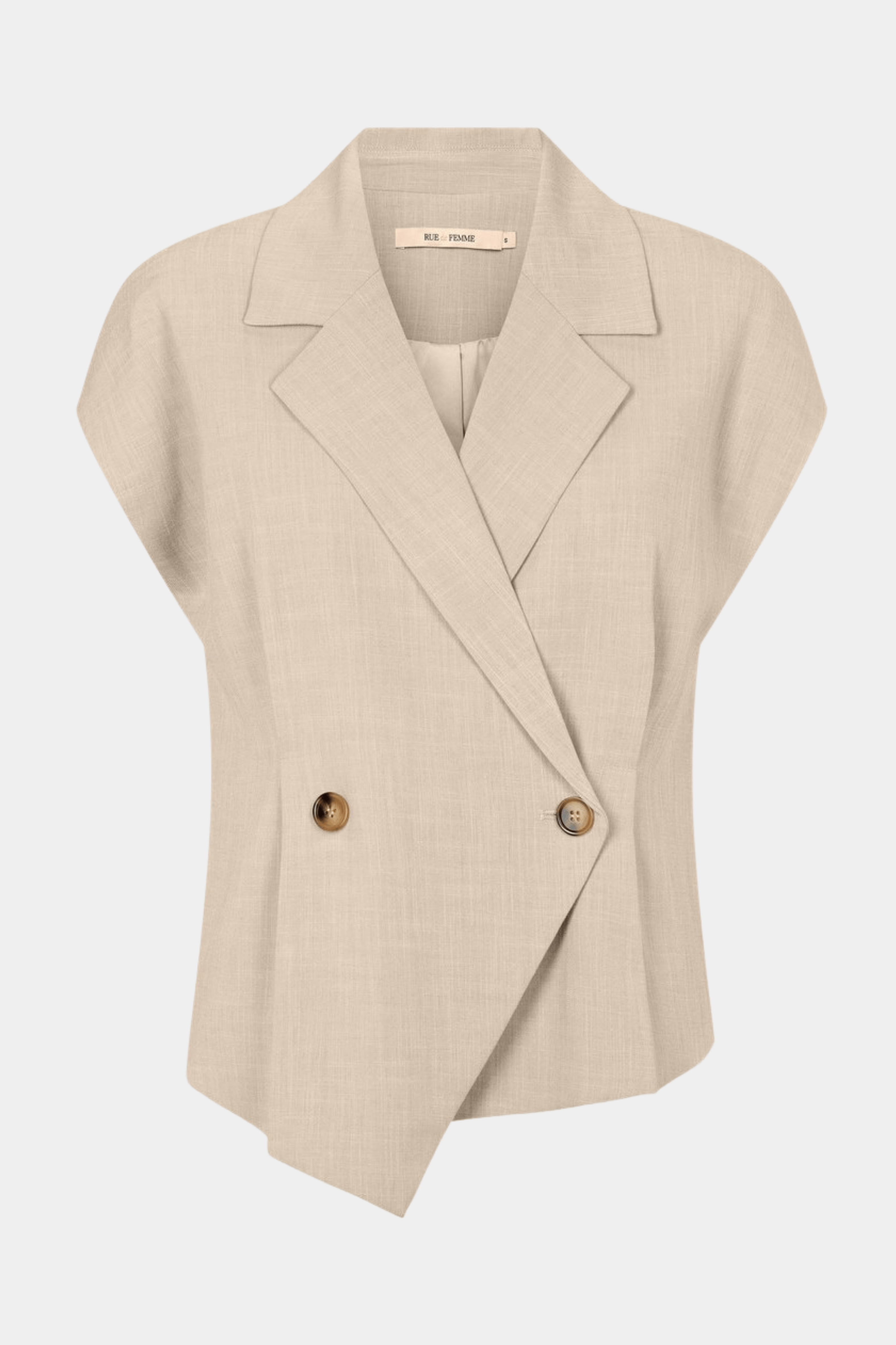 Fin, smuk, elegant, klassisk, staple, feminin, pæn, rå, cool, sej, unik, musthave, hverdag, fest, kvinde, dame, woman, vest, bluse, blouse, beige, creme, slå-om, meleret, melange, klassisk, business, arbejde, work, job