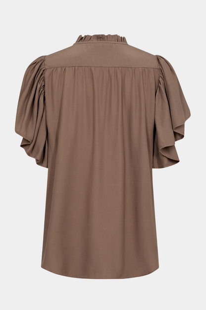 top, overdel, bluse, flæse, flæser, bindebånd, brun, beige, valnød, fin, smuk, elegant, klassisk, feminin, pæn, rå, cool, sej, unik, musthave, hverdag, fest