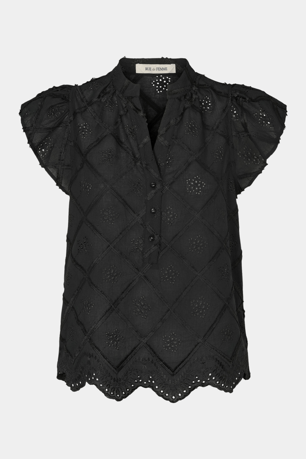 Fin, smuk, elegant, klassisk, staple, feminin, pæn, rå, cool, sej, unik, musthave, hverdag, fest, kvinde, dame, woman, top, bluse, ærmeløs, flæse, flæser, broderi, broderet, mønster, blomster, knapper, v-hals, løs, loose, blød, soft, bomuld, cotton, natur, sort, black, sommer, sommertop, summer