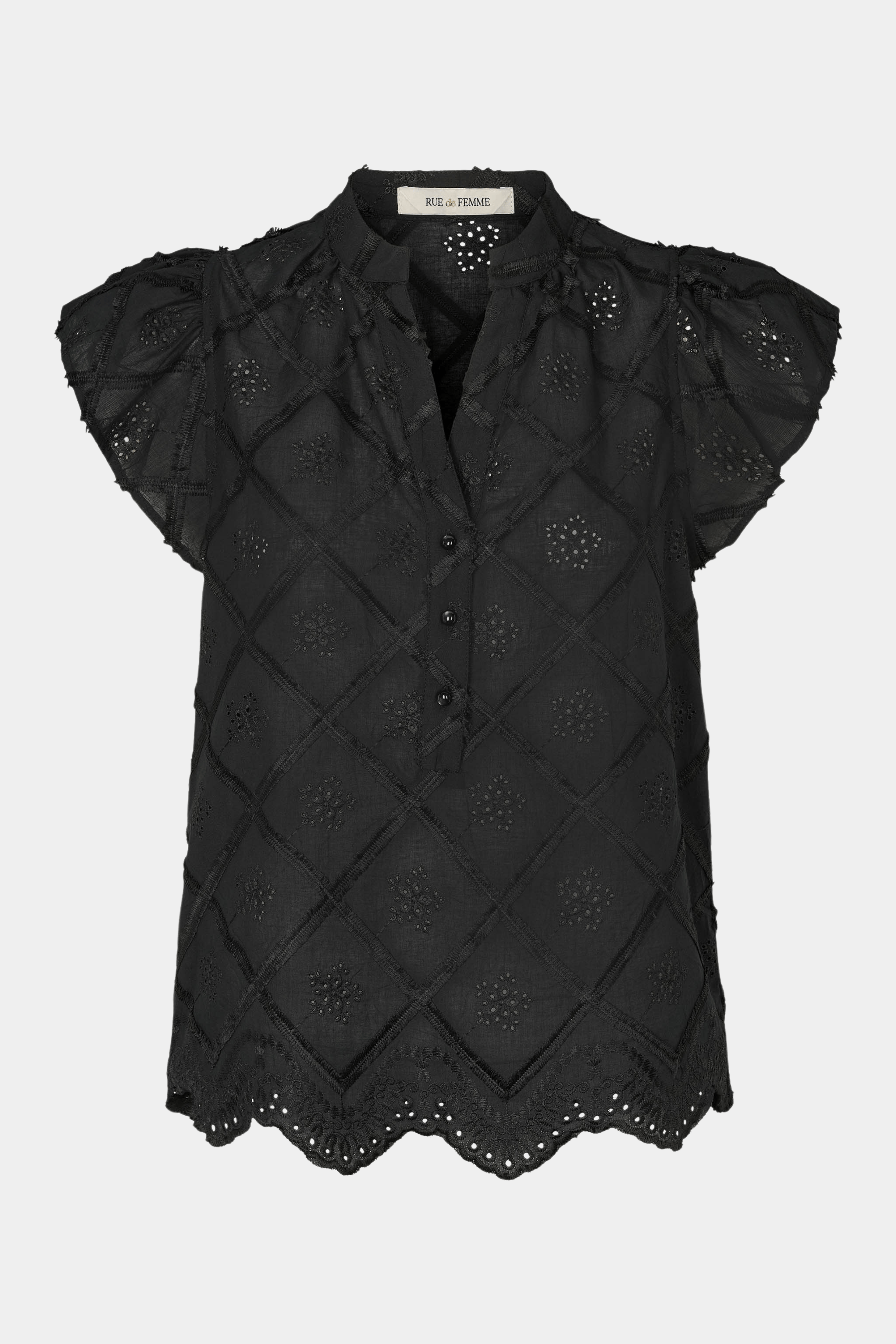 Fin, smuk, elegant, klassisk, staple, feminin, pæn, rå, cool, sej, unik, musthave, hverdag, fest, kvinde, dame, woman, top, bluse, ærmeløs, flæse, flæser, broderi, broderet, mønster, blomster, knapper, v-hals, løs, loose, blød, soft, bomuld, cotton, natur, sort, black, sommer, sommertop, summer