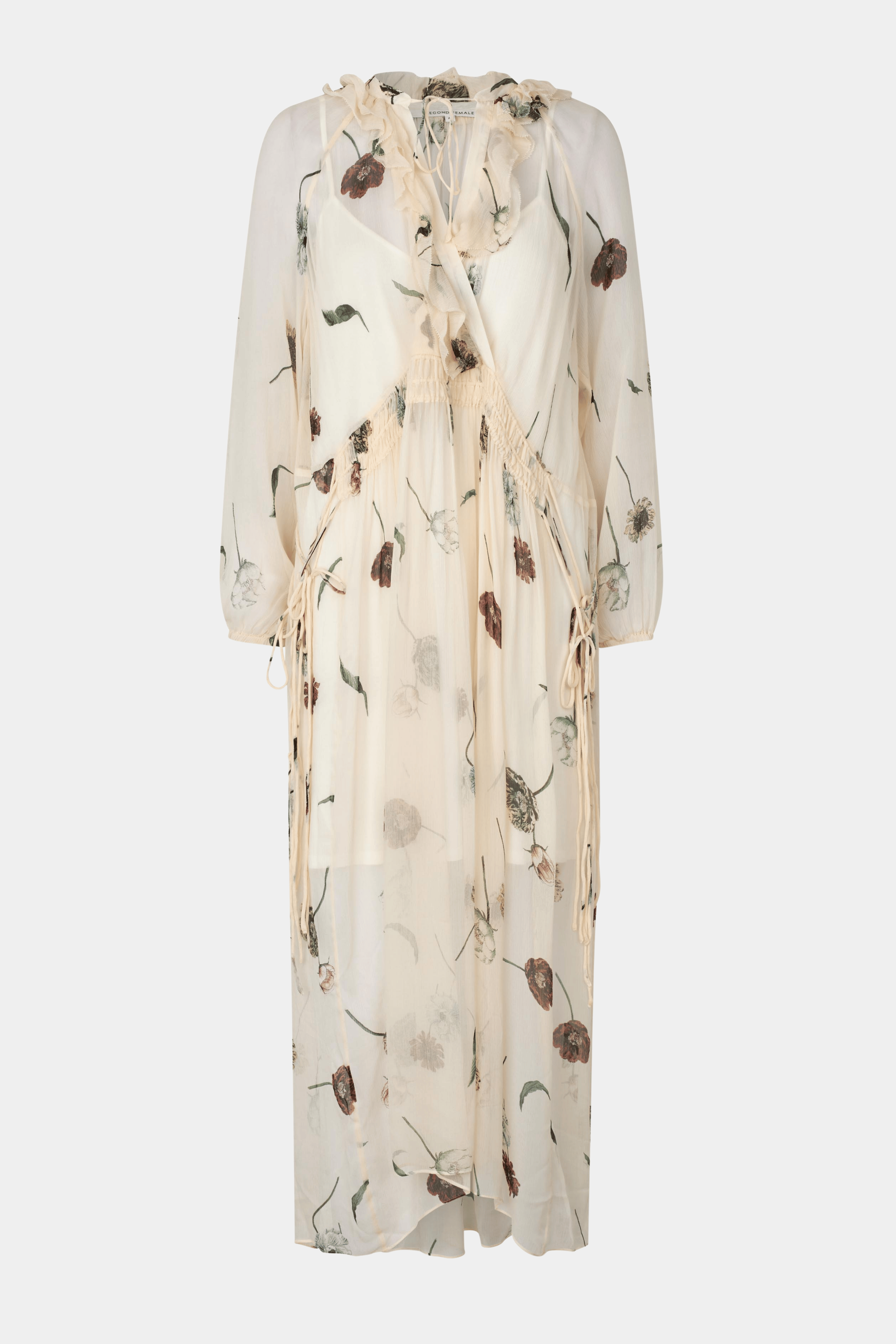 kjole, dress, maxi, transparent, gennemsigtig, print, blomster, lang, wrap, smock, v-hals, flæse, flæser, løs, loose, sommerkjole, summerdress, midi, lys, off white, råhvid, bryllup, gæst, Fin, smuk, elegant, klassisk, staple, feminin, pæn, rå, cool, sej, unik, musthave, hverdag, fest, kvinde, dame, woman
