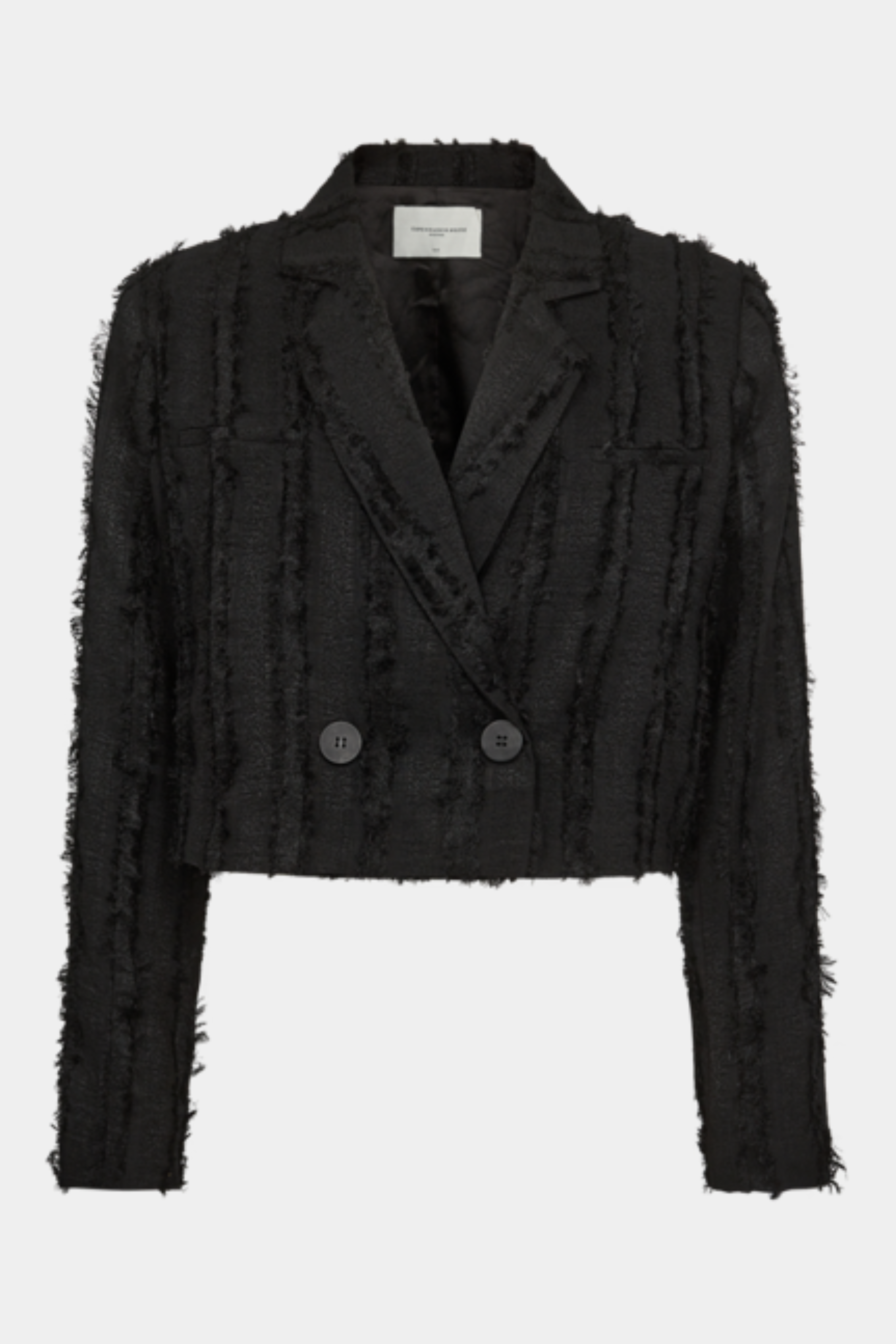 blazer, jakke, blazerjakke, kort, short, black, jacquard, langhåret, teddy, bolero, dobbeltradet, cool, rå, elegant, feminin, hverdag, fest, kvinde, dame, woman