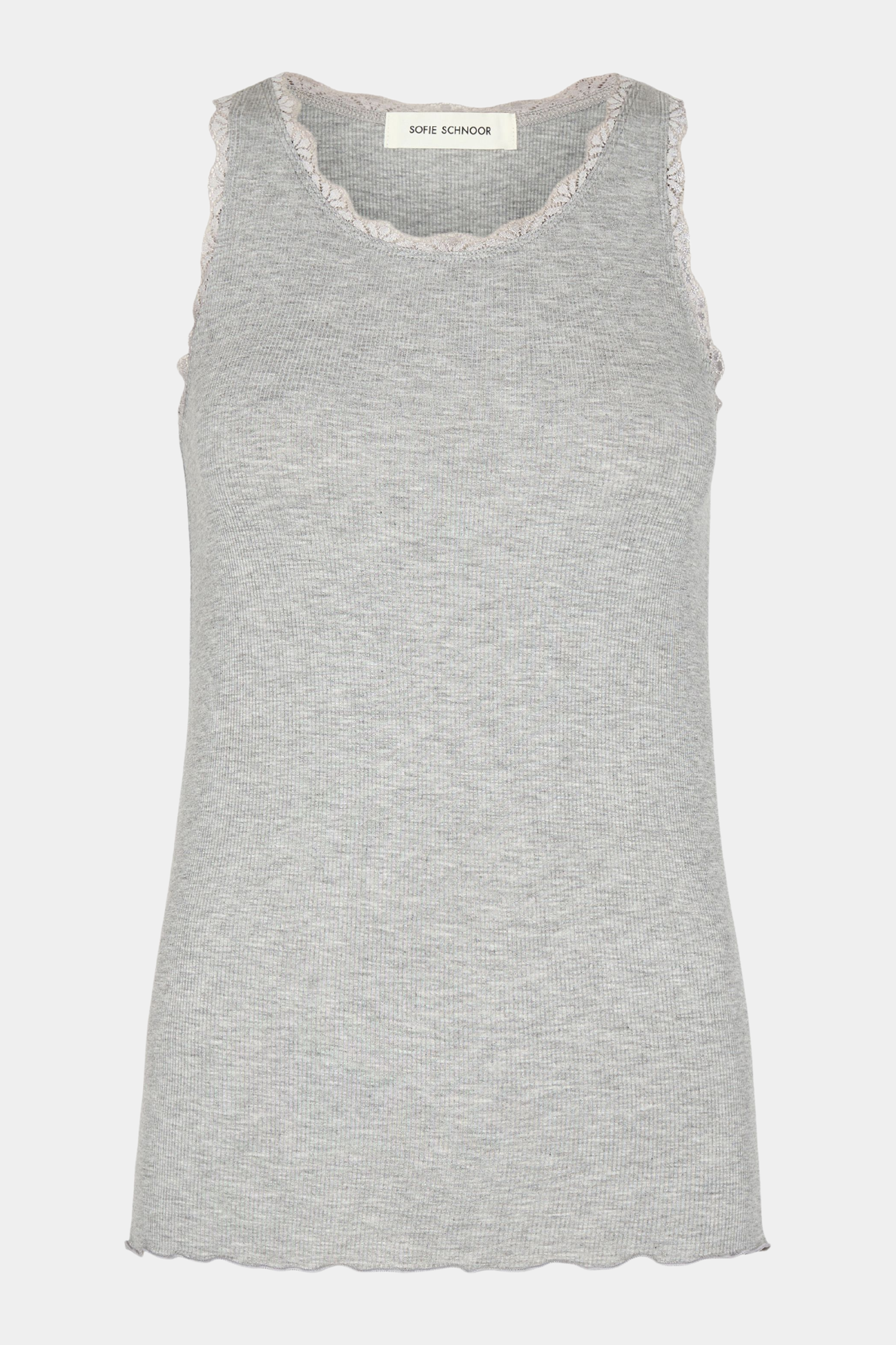 top, bluse, basic, basis, staple, blonde top, grey, grå, melange, meleret, blondetop, blød, soft, rib, ribbet, stretch, elastik, soft, blød, rosemunde, kvinde, dame, woman