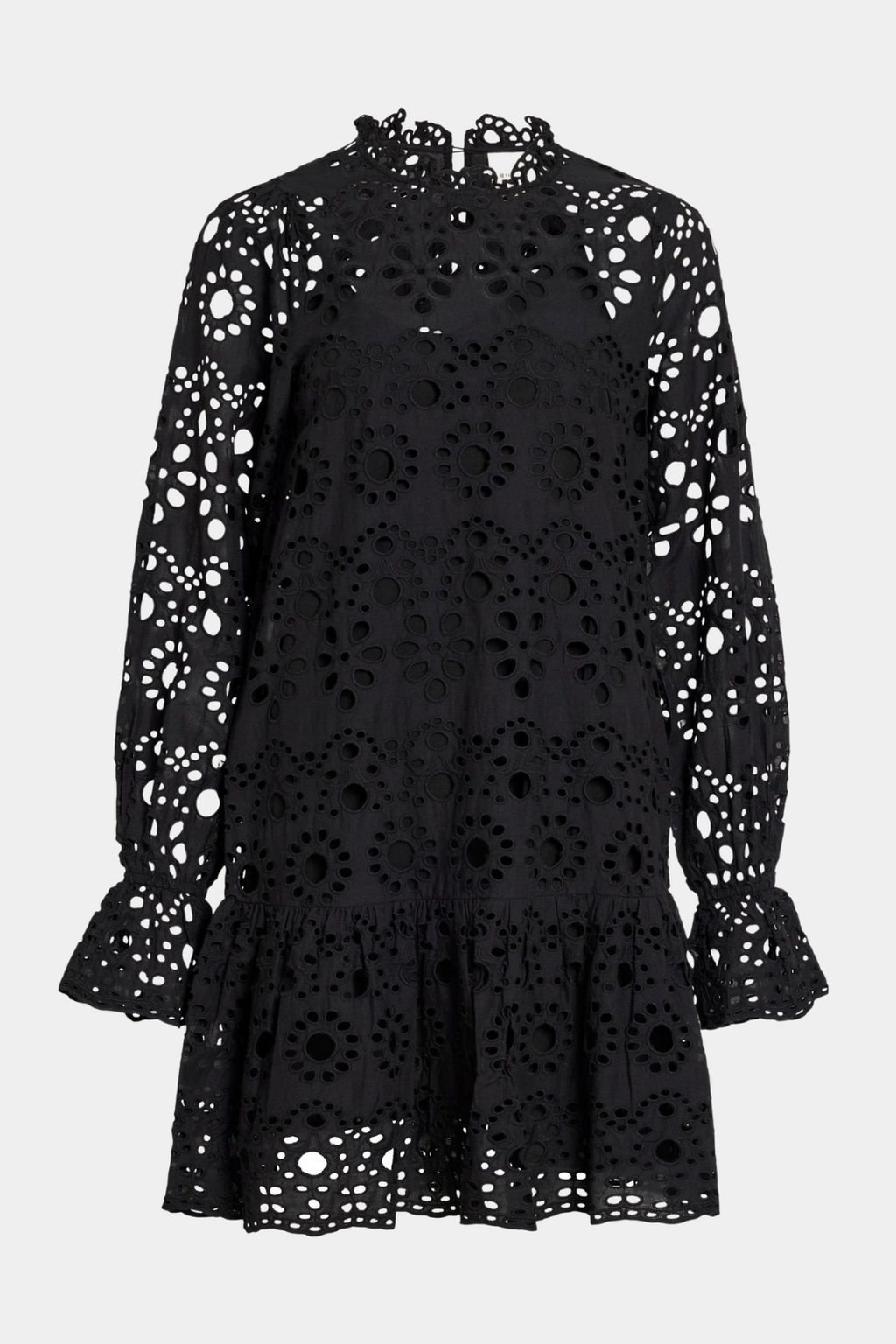 kjole, dress, kort, short, blonde, broderi, broderianglaise, sort, højhals, langærmet, flæse, flæser, fin, smuk, elegant, klassisk, feminin, pæn, rå, cool, sej, unik, musthave, hverdag, fest