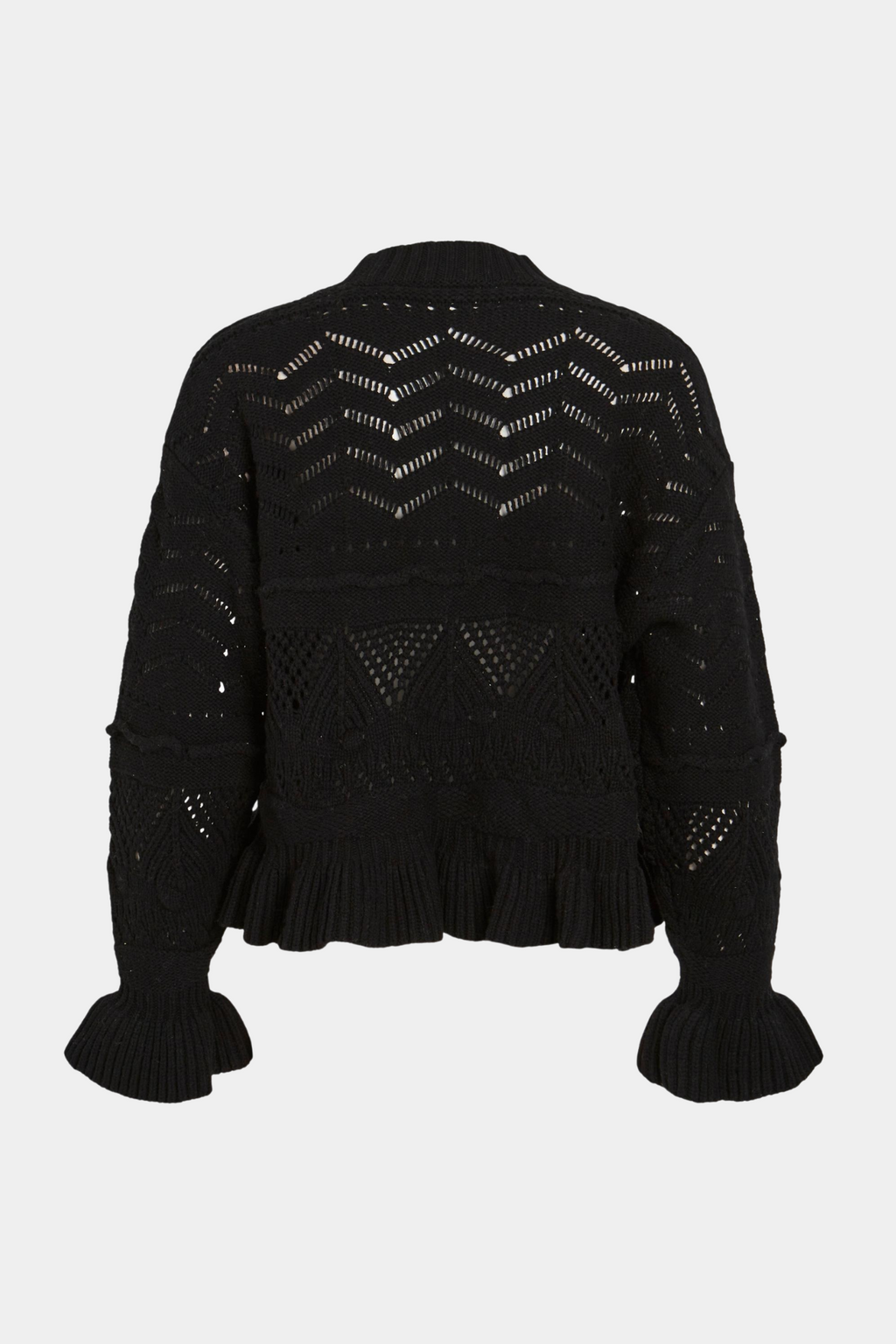 strik, knit, bluse, overdel, hulmønster, sort, black, flæse, flæser, bomuld, uld, fin, smuk, elegant, klassisk, feminin, pæn, rå, cool sej, unik, musthave, boheme, varm, hverdag, fest