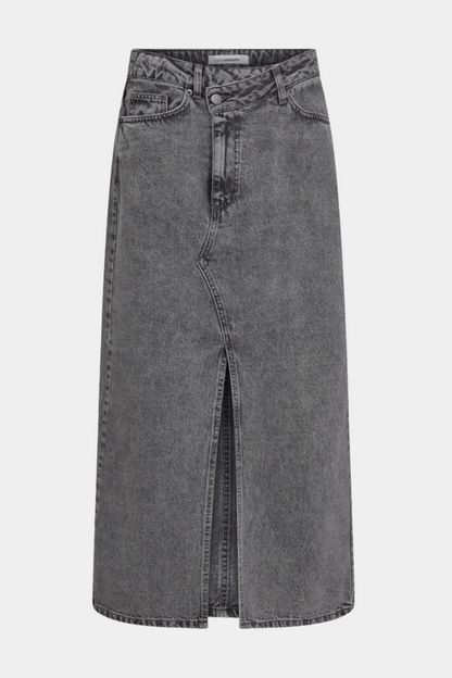 nederdel, skirt, lang, denim, denimskirt, jeans, cowboy, grå, slidt, slid, lommer, knapper, bomuld, fin, smuk, elegant, klassisk, feminin, pæn, rå, cool, sej, unik, musthave, hverdag, fest