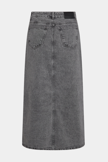 nederdel, skirt, lang, denim, denimskirt, jeans, cowboy, grå, slidt, slid, lommer, knapper, bomuld, fin, smuk, elegant, klassisk, feminin, pæn, rå, cool, sej, unik, musthave, hverdag, fest