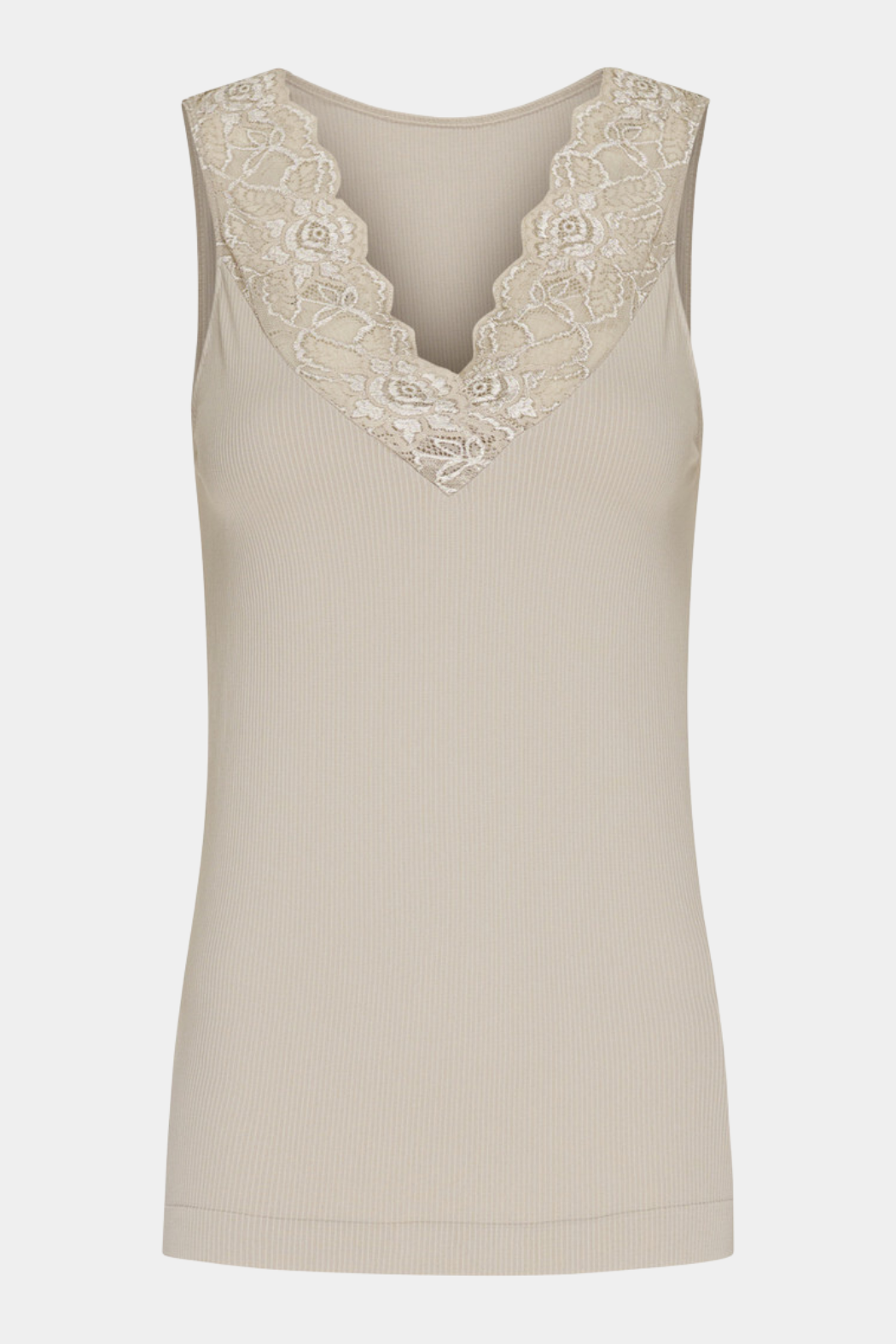 top, bluse, beige, sand, brun, brown, neutral, lace, blonde, rib, stretchy, elastik, mikrofiber, microfiber, kvinde, dame, woman, farveægte, allergivenlig