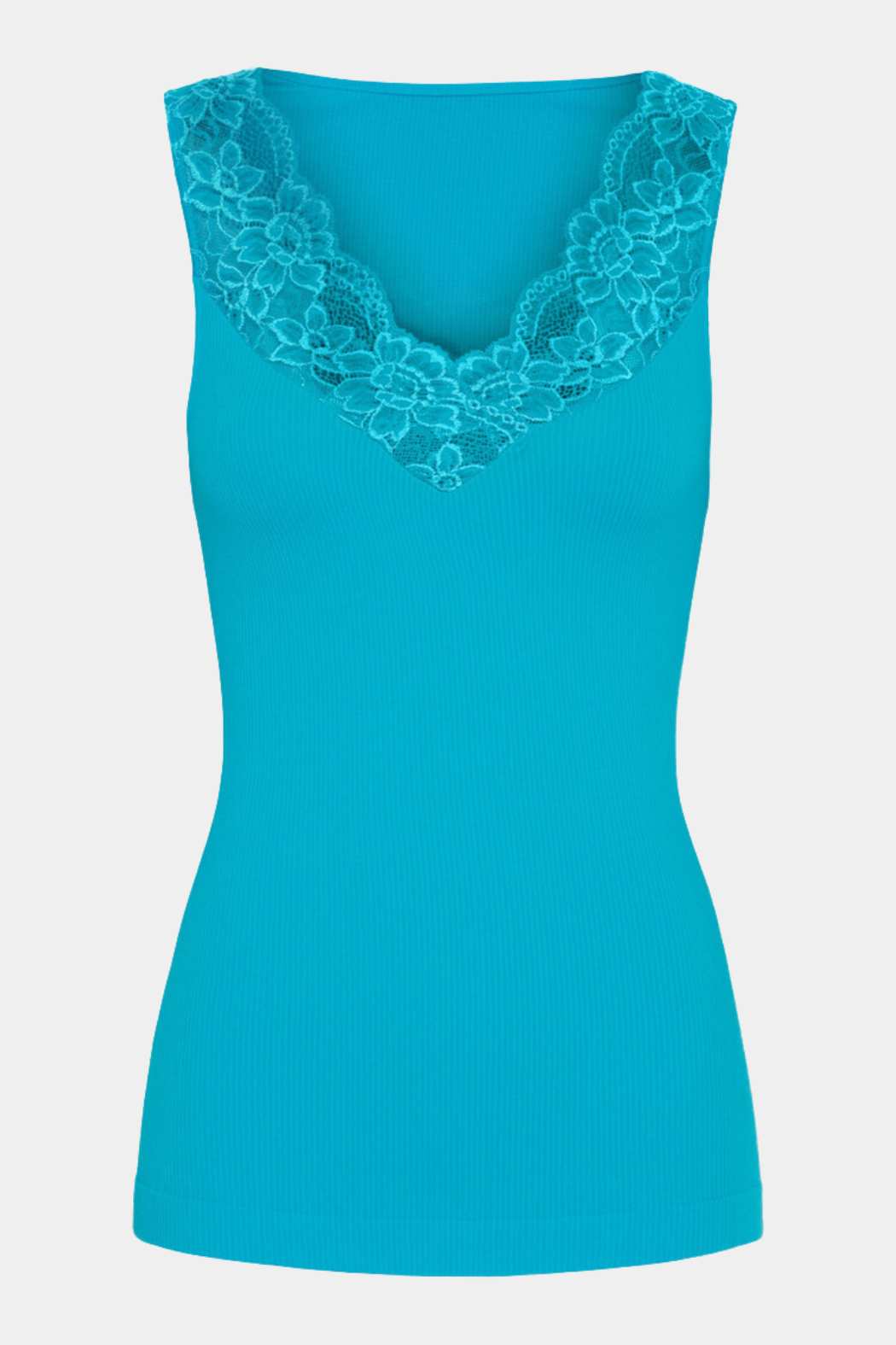 top, bluse, blouse, blå, blue, turkis, turquoise, neon, lace, blonde, rib, stretchy, elastik, mikrofiber, microfiber, kvinde, dame, woman, farveægte, allergivenlig