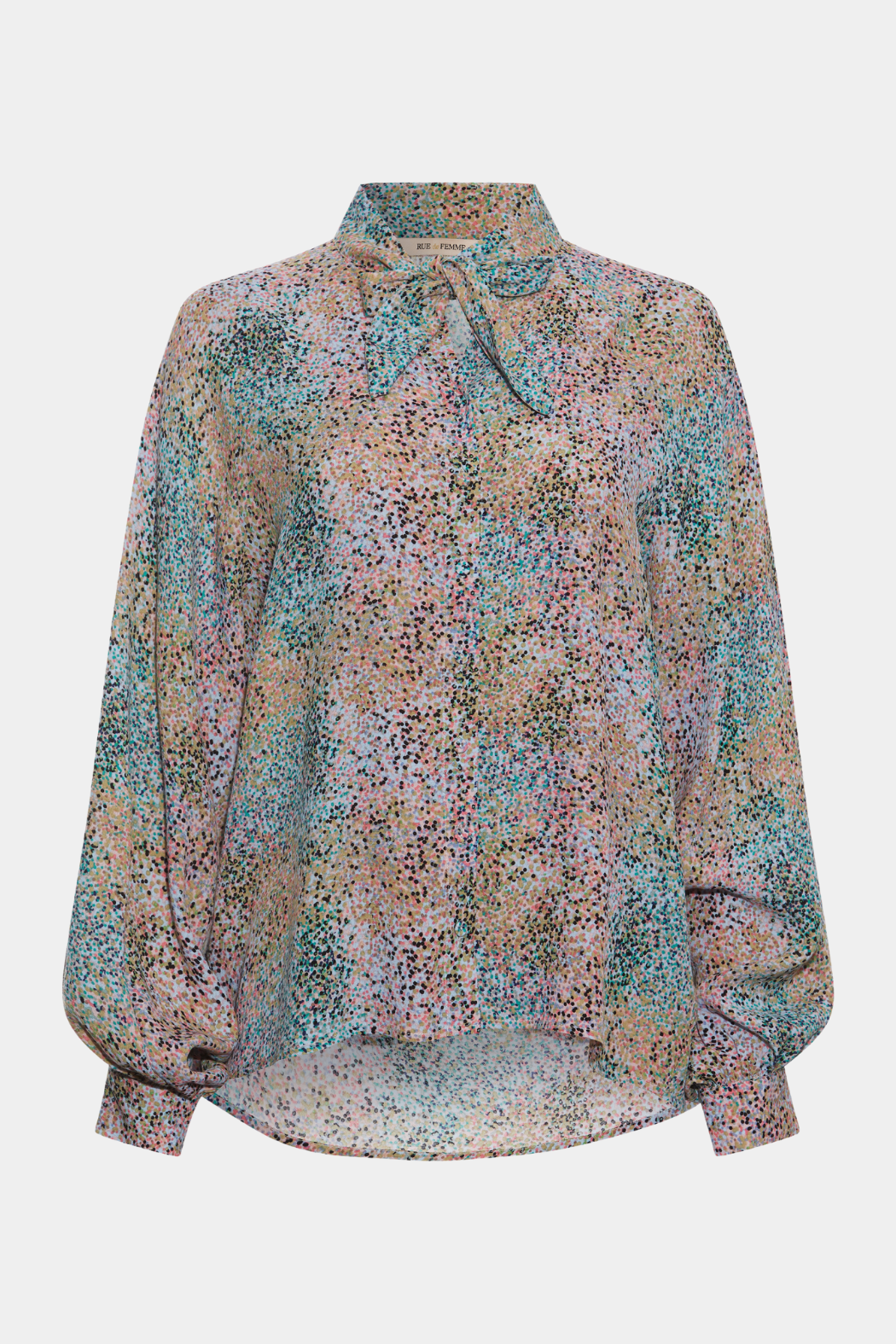 shirt, blouse, skjorte, bluse, skjortebluse, løs, loose, langærmet, pufærme, ballonærme, prikker, print, watercolor, farverig, sløjfe, blød, soft, regnbue, pastel, elegant, fin, feminin, hverdag, fest, kvinde, dame, woman
