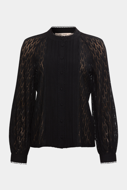 bluse, blouse, shirt, skjorte, skjortebluse, langærmet, hulmønster, broderi, anglaise, langærmet, flæse, flæser, tungekant, blonde, lace, sort, black, transparent, gennemsigtig, business, arbejde, job, old money, elegant, fin, feminin, hverdag, fest, kvinde, dame, woman