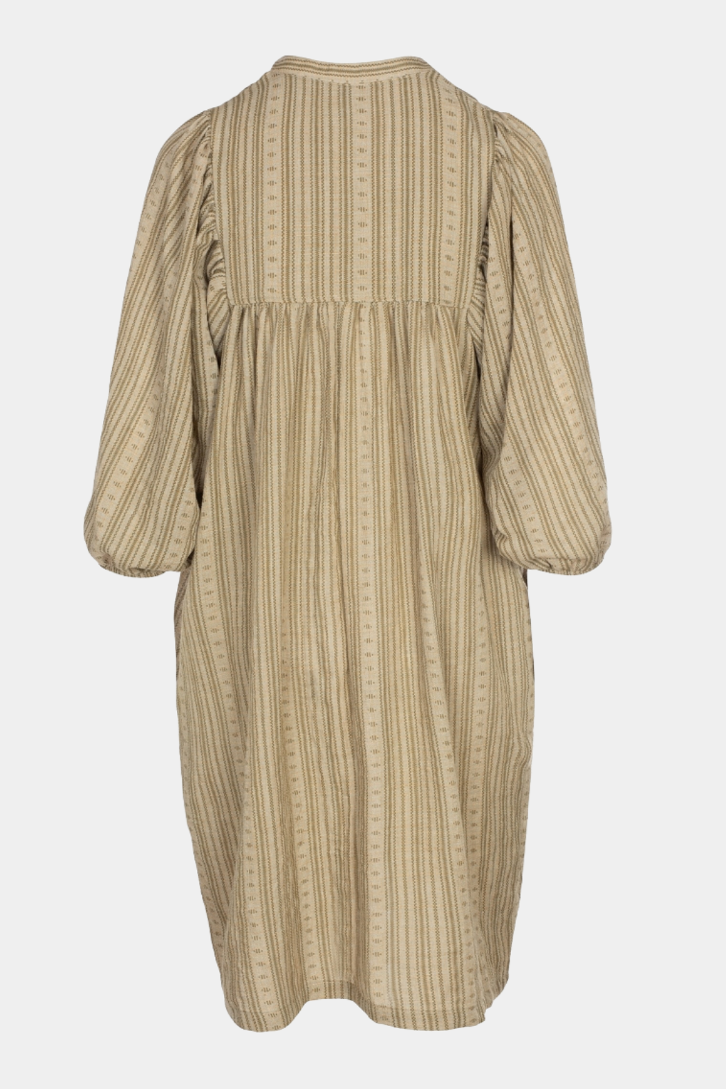 Kjole, dress, stribet, fin, smuk, elegant, klassisk, feminin, pæn, rå, cool, unik, sej, hverdag, fest, lang, blød, beige, brun, puf, pufærmer, mønster, boheme