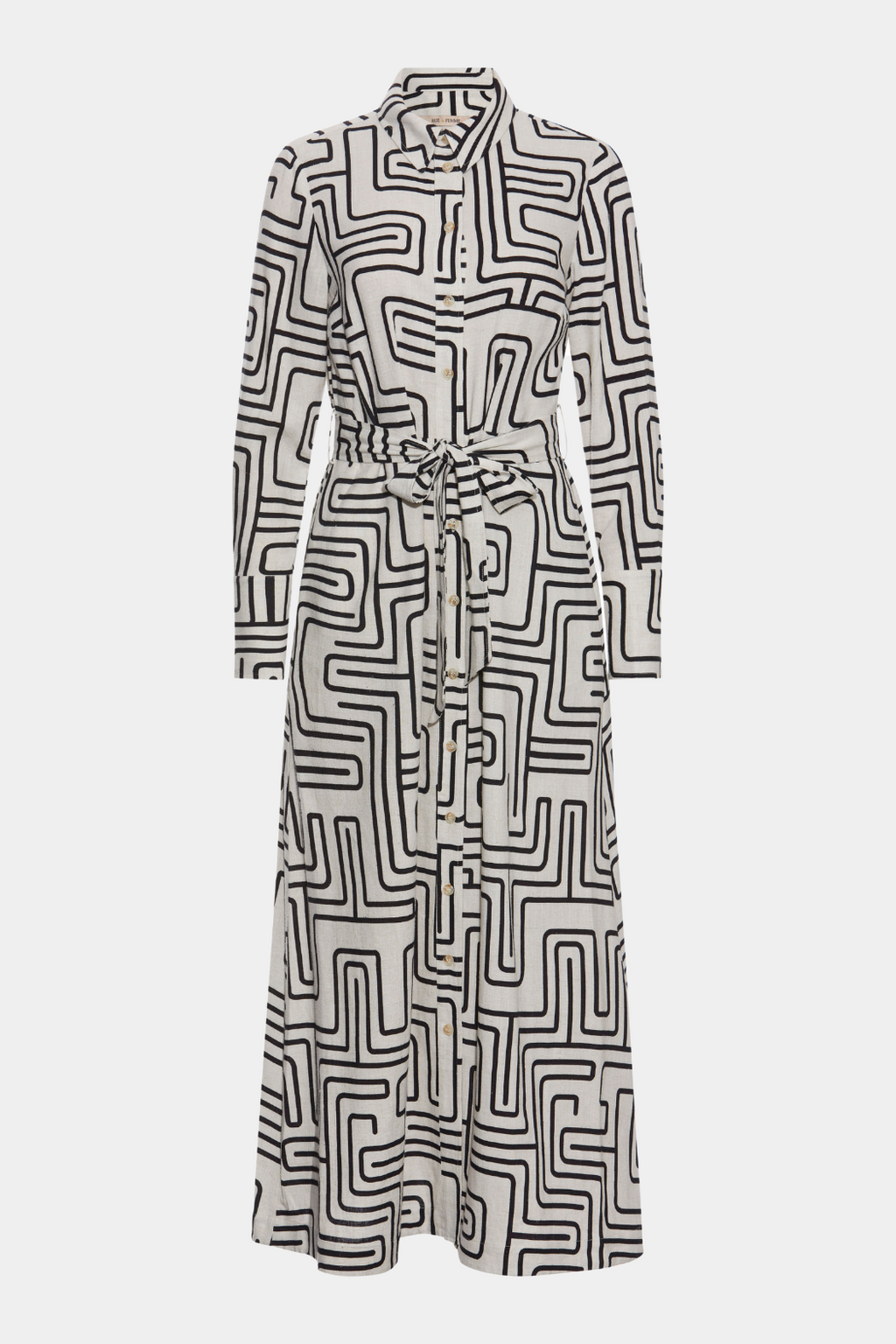 kjole, dress, maxi, midi, løs, loose, faconsyet, langærmet, hør, linen, print, grafisk, sort, hvid, krave, gennemknappet, knapper, elegant, fin, feminin, klassisk, classic, hverdag, fest, kvinde, dame, woman