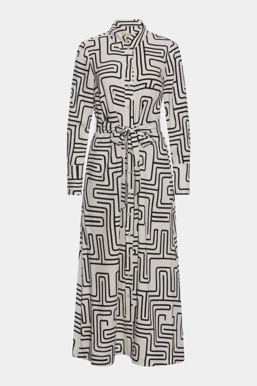 kjole, dress, maxi, midi, løs, loose, faconsyet, langærmet, hør, linen, print, grafisk, sort, hvid, krave, gennemknappet, knapper, elegant, fin, feminin, klassisk, classic, hverdag, fest, kvinde, dame, woman