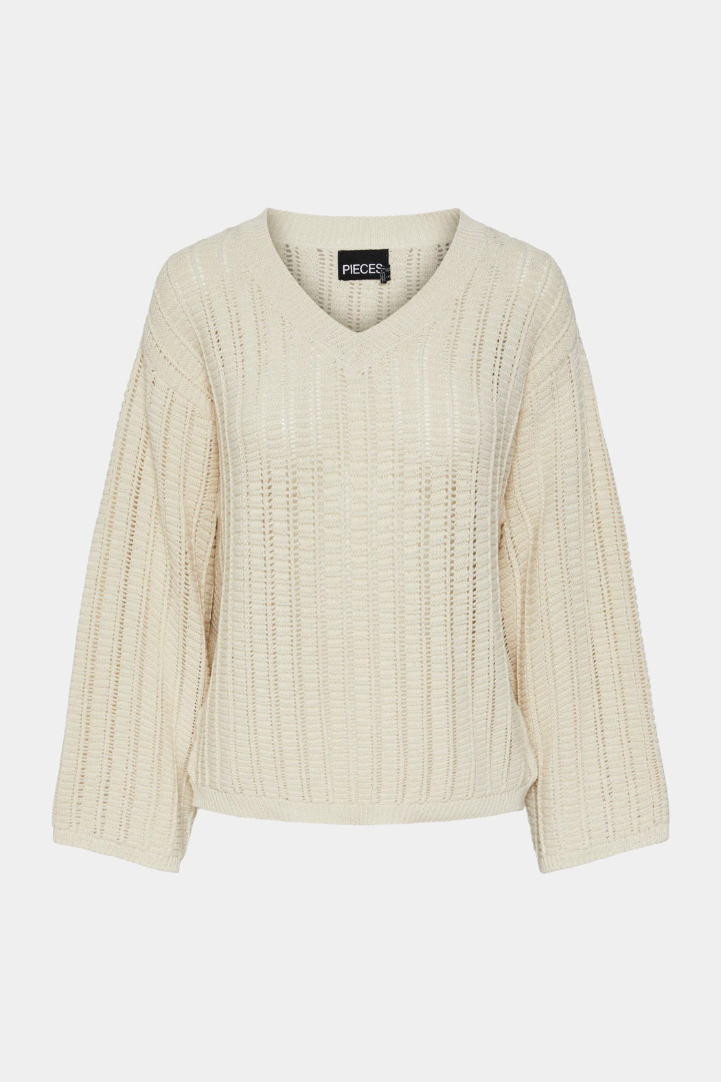 strik, knit, striktrøje, stribluse, langærmet, grov, v-hals, løs, loose, bred, hæklet, croquet, blød, soft, bomuld, natur, sommer, let, elegant, fin, feminin, tidsløs, hverdag, fest, kvinde, dame, woman