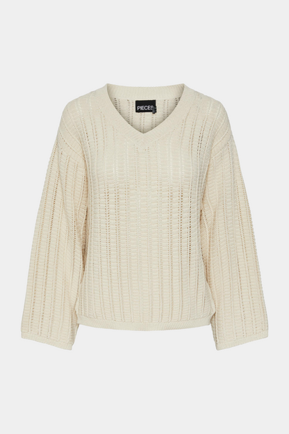 strik, knit, striktrøje, stribluse, langærmet, grov, v-hals, løs, loose, bred, hæklet, croquet, blød, soft, bomuld, natur, sommer, let, elegant, fin, feminin, tidsløs, hverdag, fest, kvinde, dame, woman