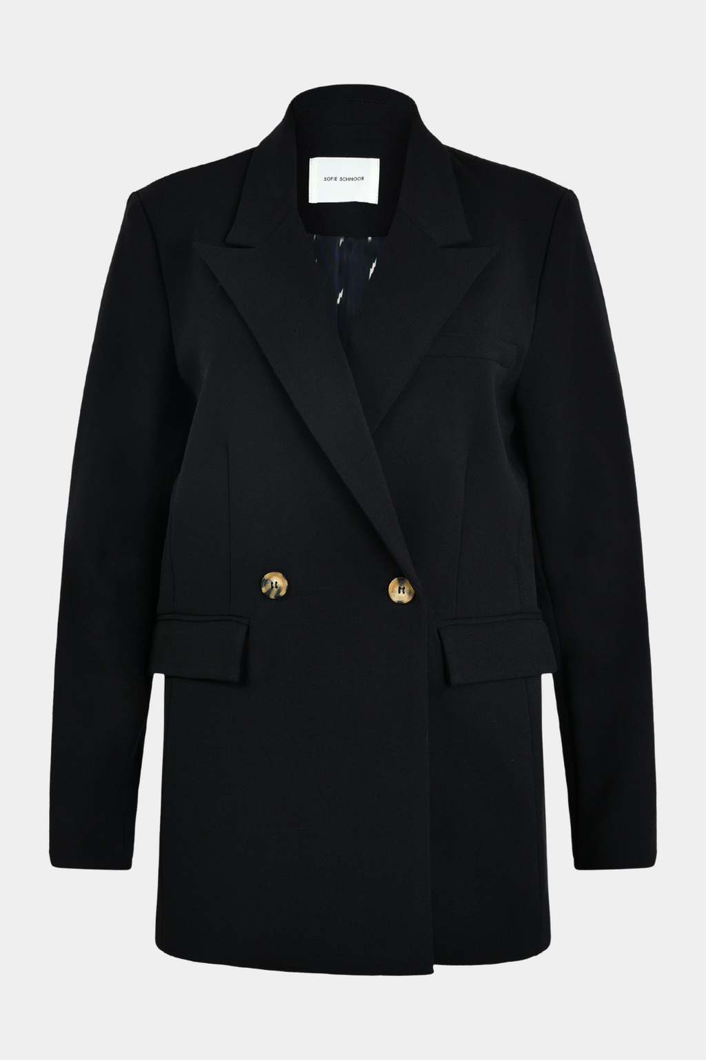 blazer, blazerjakke, habit, habitjakke, dobbelradet, knapper, lommer, loose, oversize, stor, krave, sort, black, elegant, fin, feminin, hverdag, fest, kvinde, dame, woman